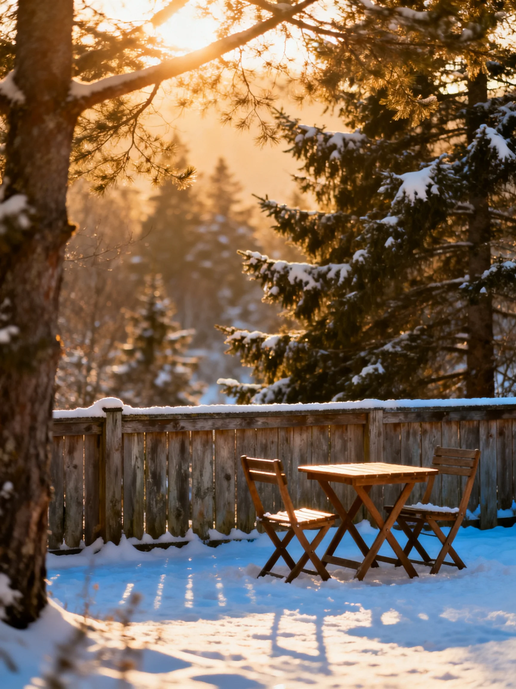 A cozy winter patio with wooden furniture and snow-draped evergreens