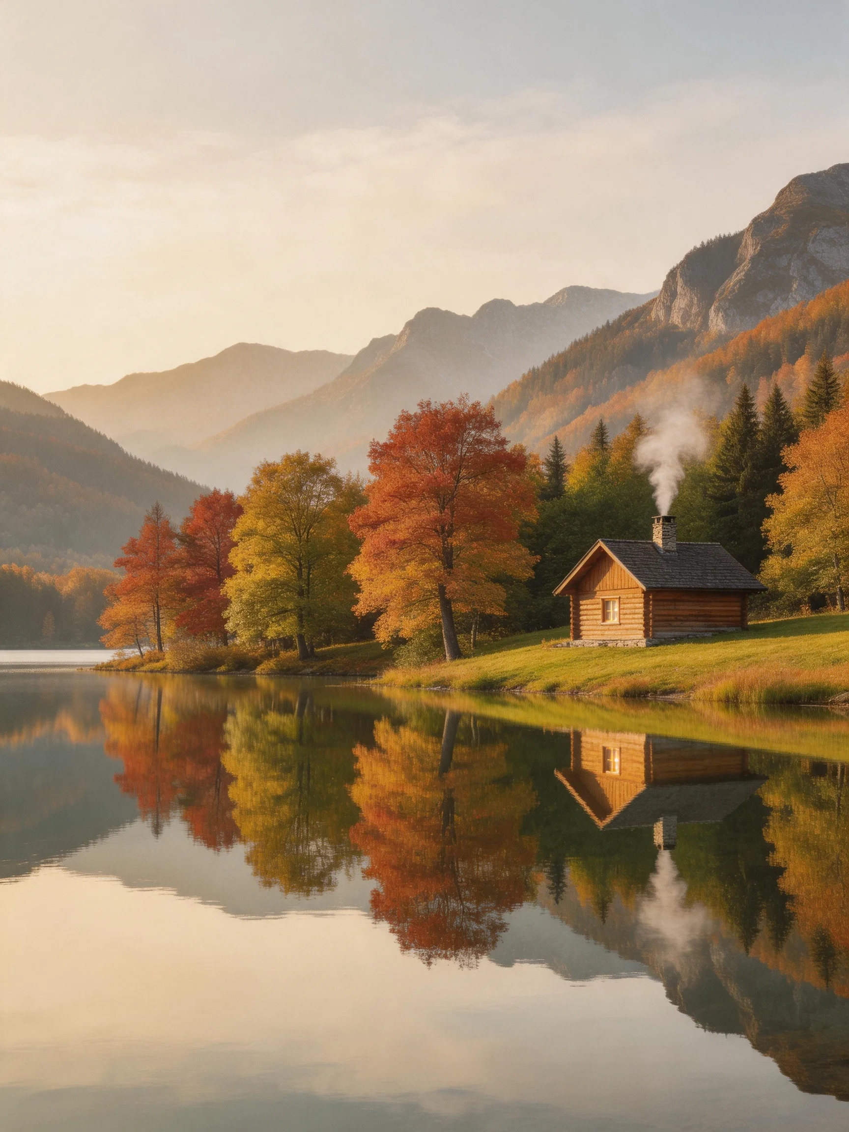A cozy wooden cabin beside a calm lake with autumn-colored trees
