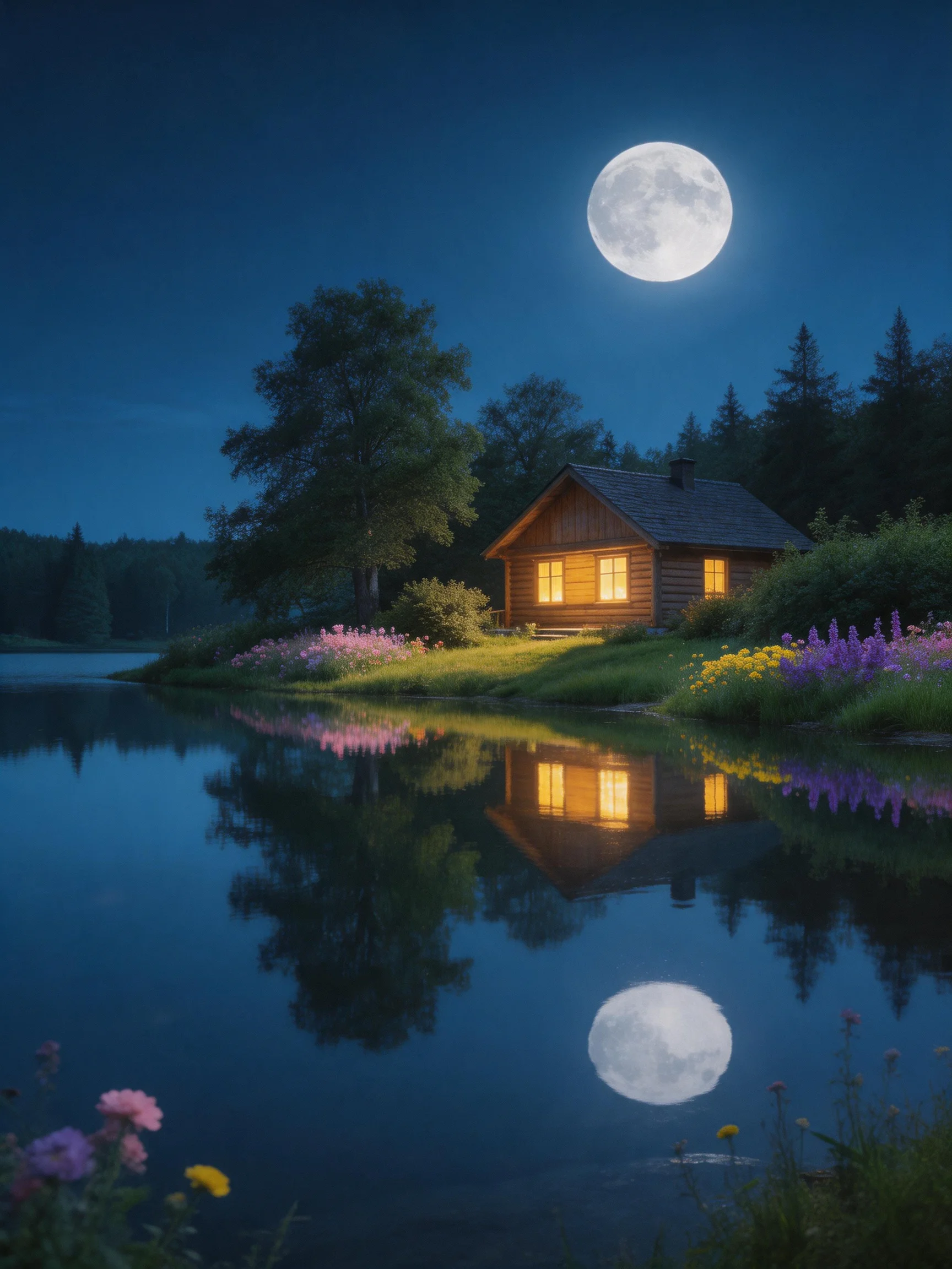 A cozy wooden cabin by a calm lake under a bright full moon