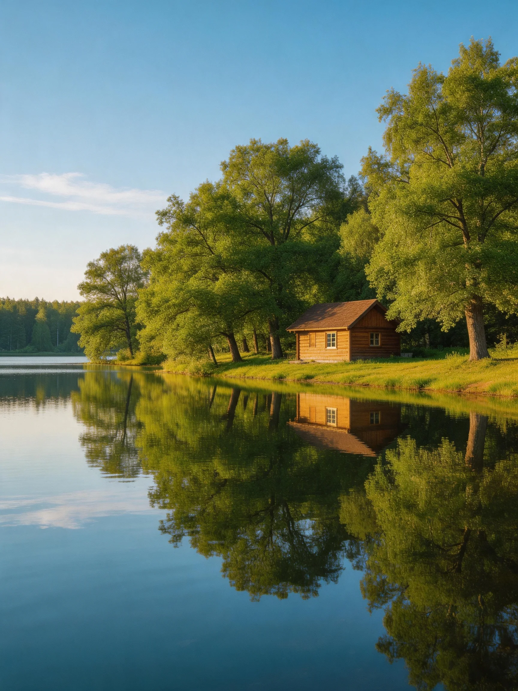 A cozy wooden cabin by a calm lake with lush green trees