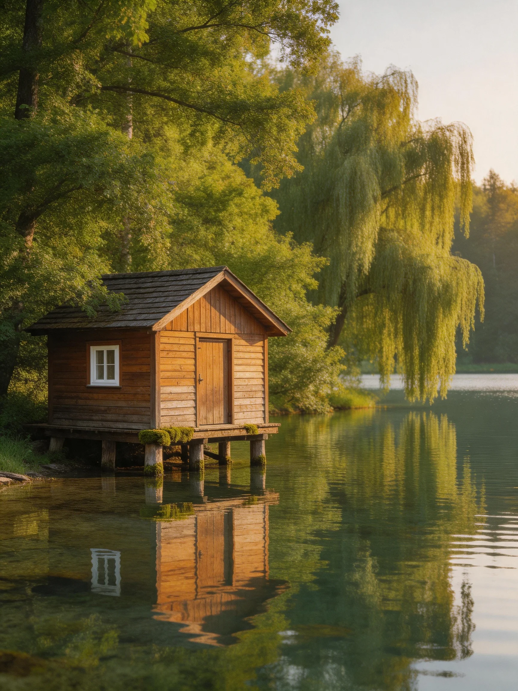 A cozy wooden cabin by calm waters amid lush greenery