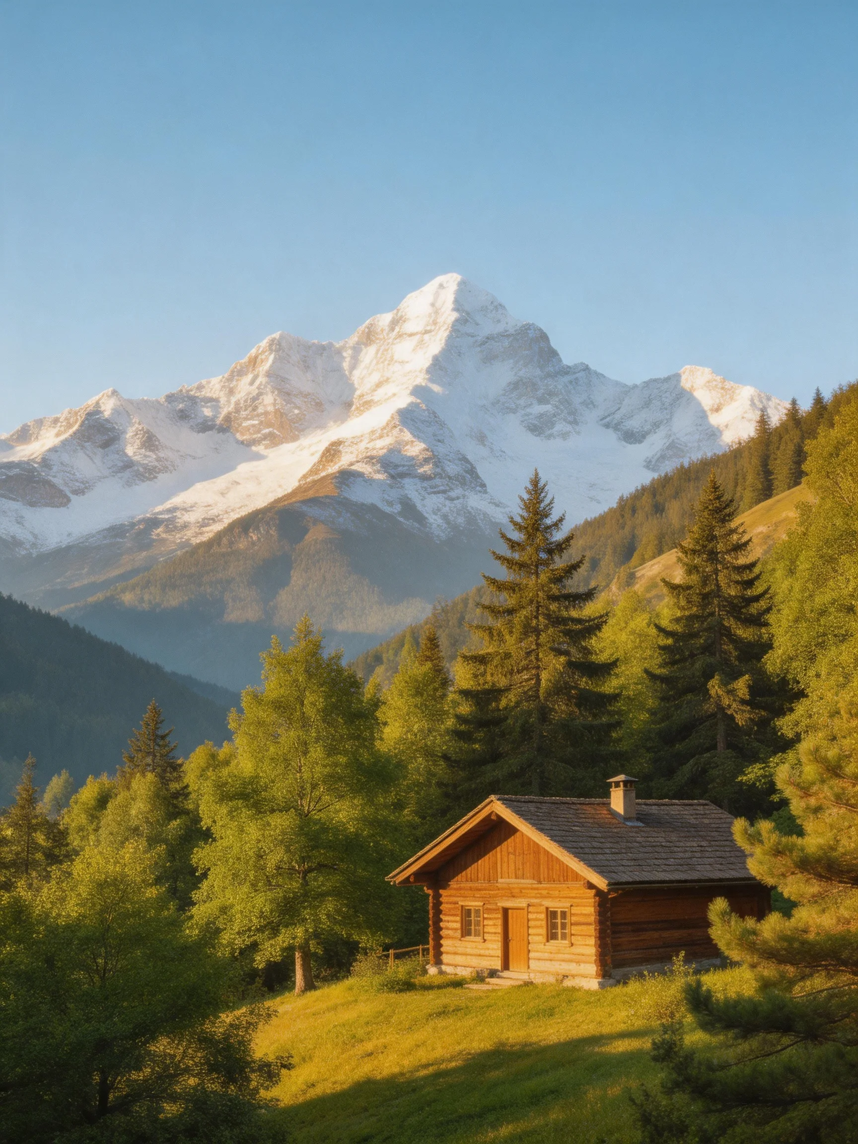 A cozy wooden cabin near lush green forests and snow-capped mountains