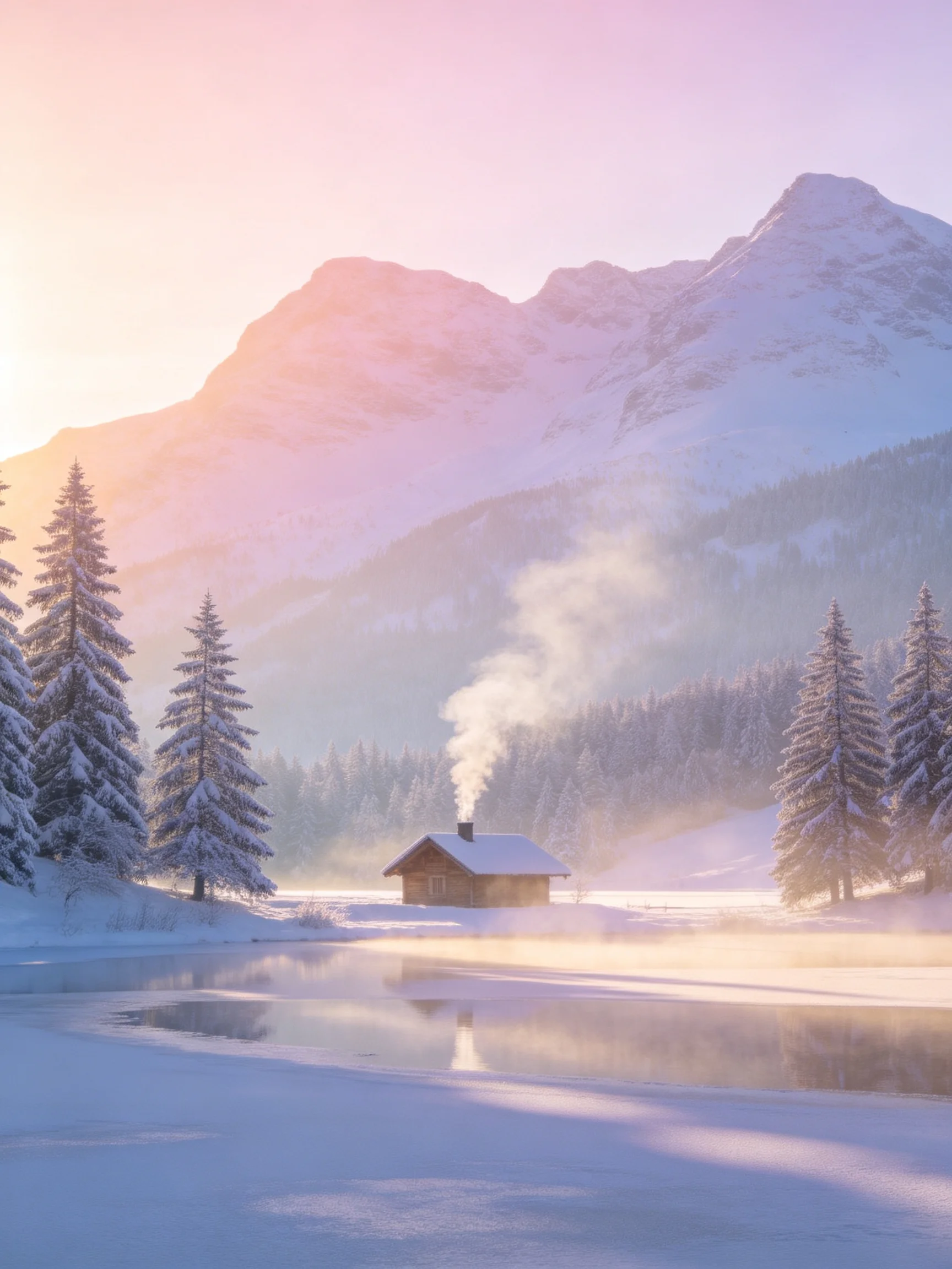 A cozy wooden cabin near snow-covered mountains and frosty evergreen trees