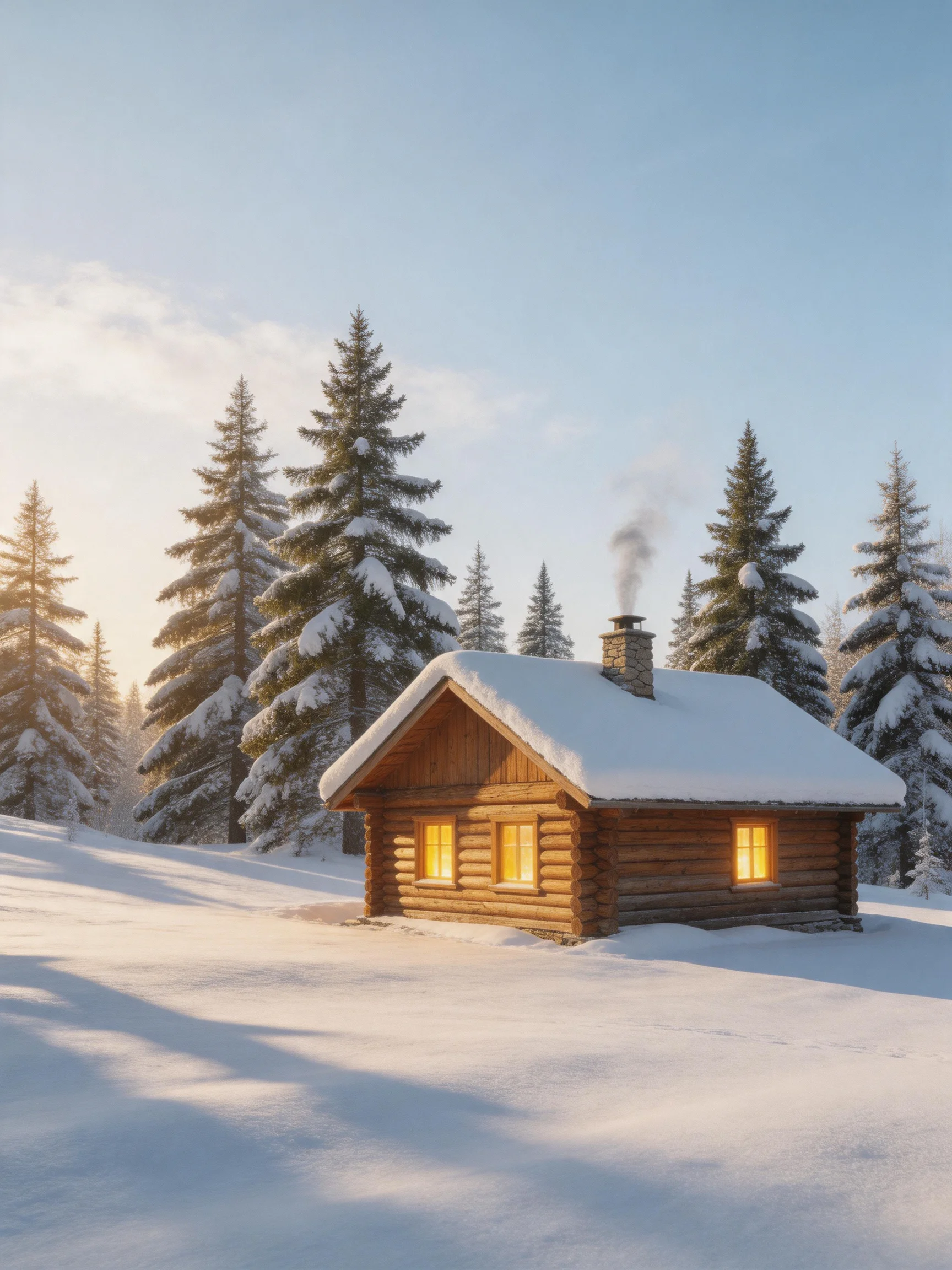A cozy wooden cabin surrounded by snow - covered pine trees
