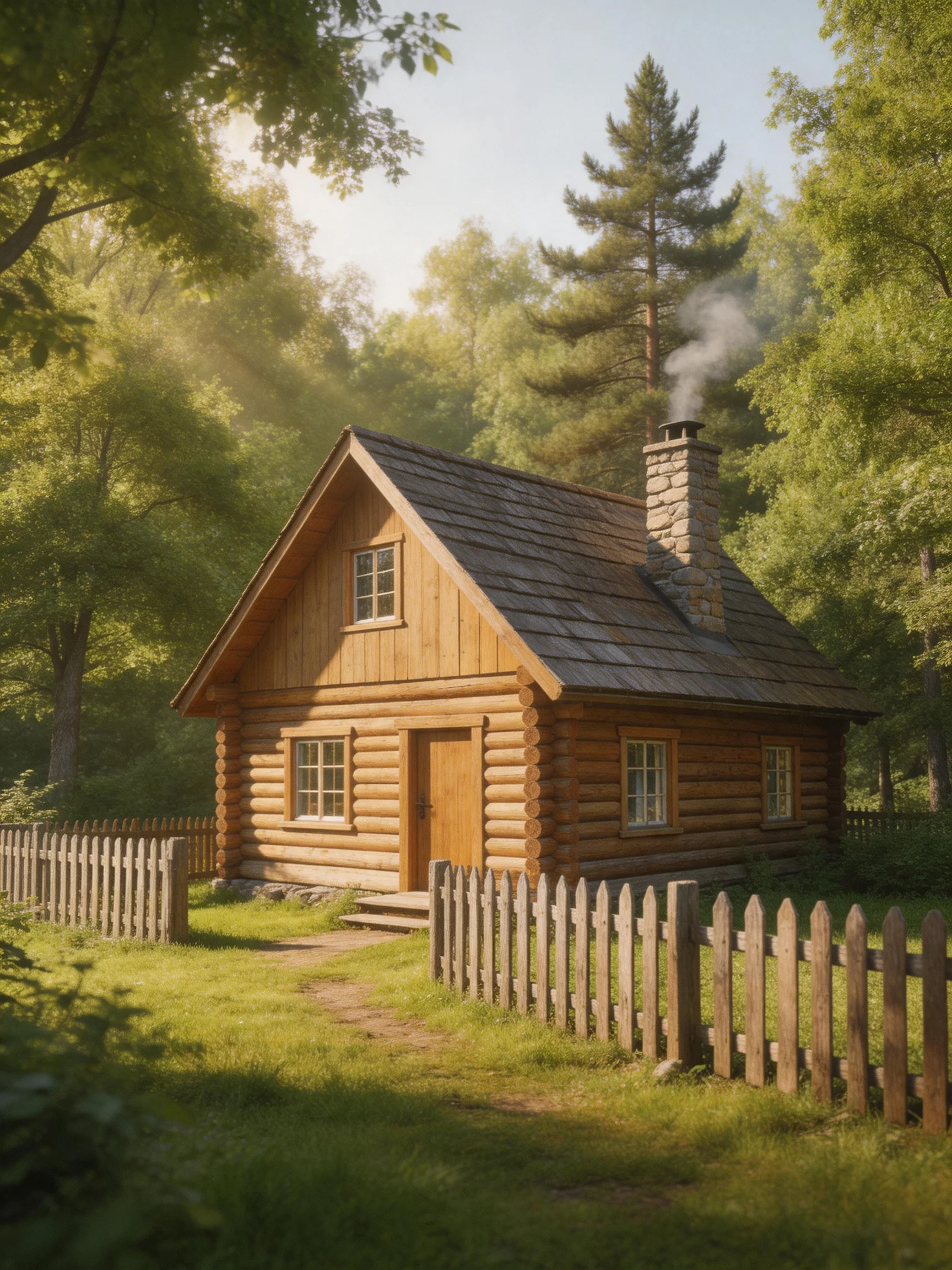 A cozy wooden log cabin nestled among dense green trees