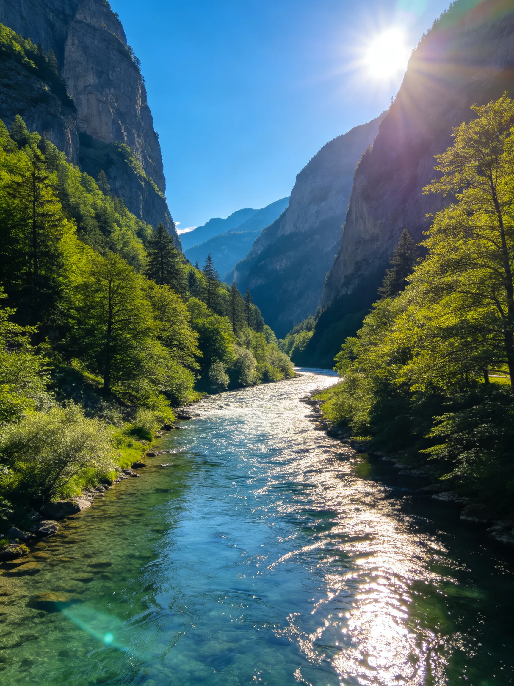 A crystal - clear river winds through a lush valley between towering cliffs.
