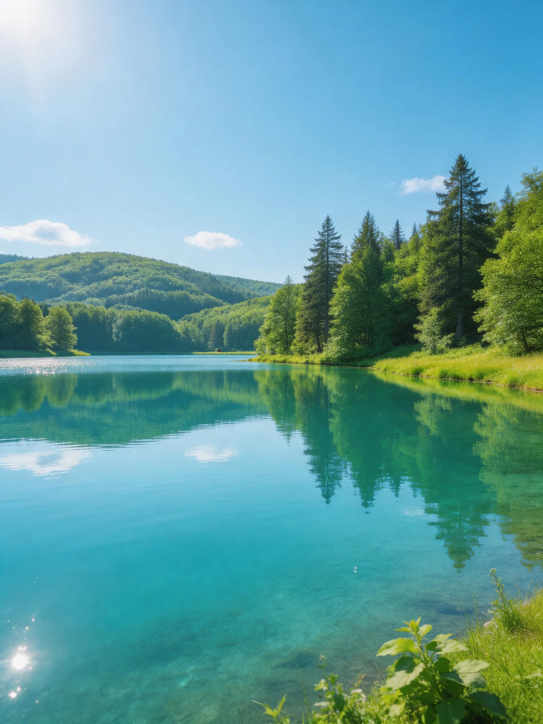 A crystal - clear turquoise lake bordered by dense green forests under bright blue skies