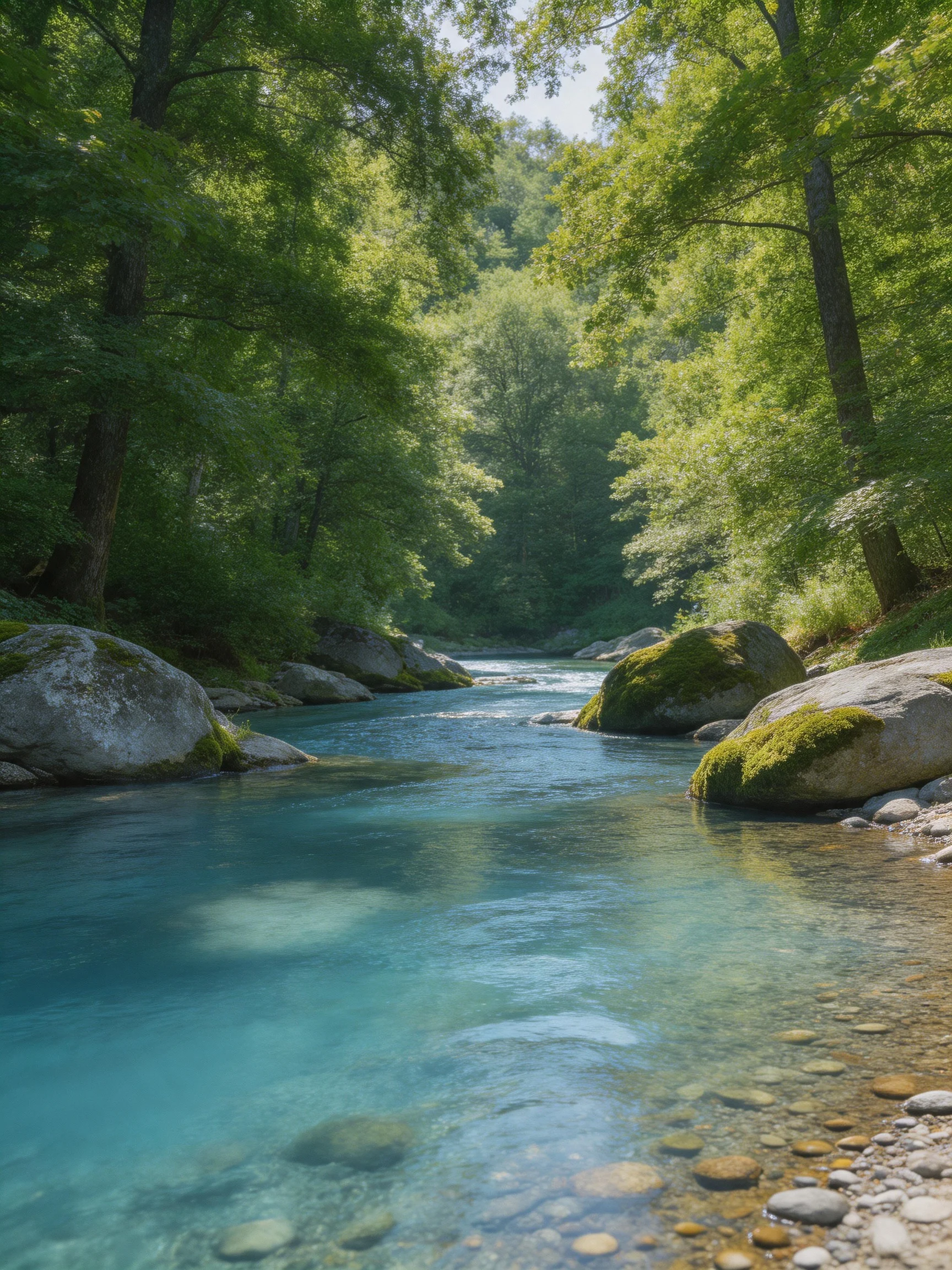 A crystal - clear turquoise river winds through lush green forested terrain