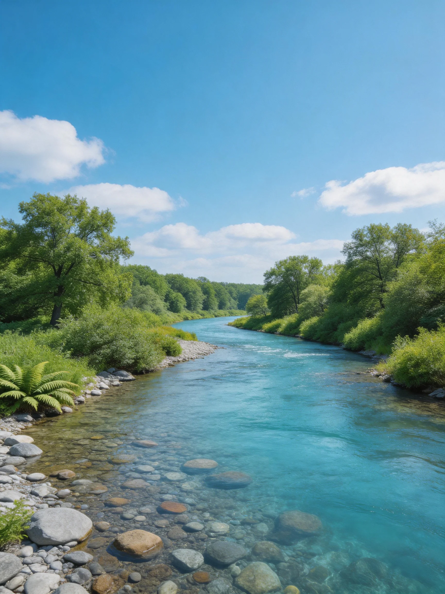 A crystal - clear turquoise river winds through lush greenery under bright blue skies