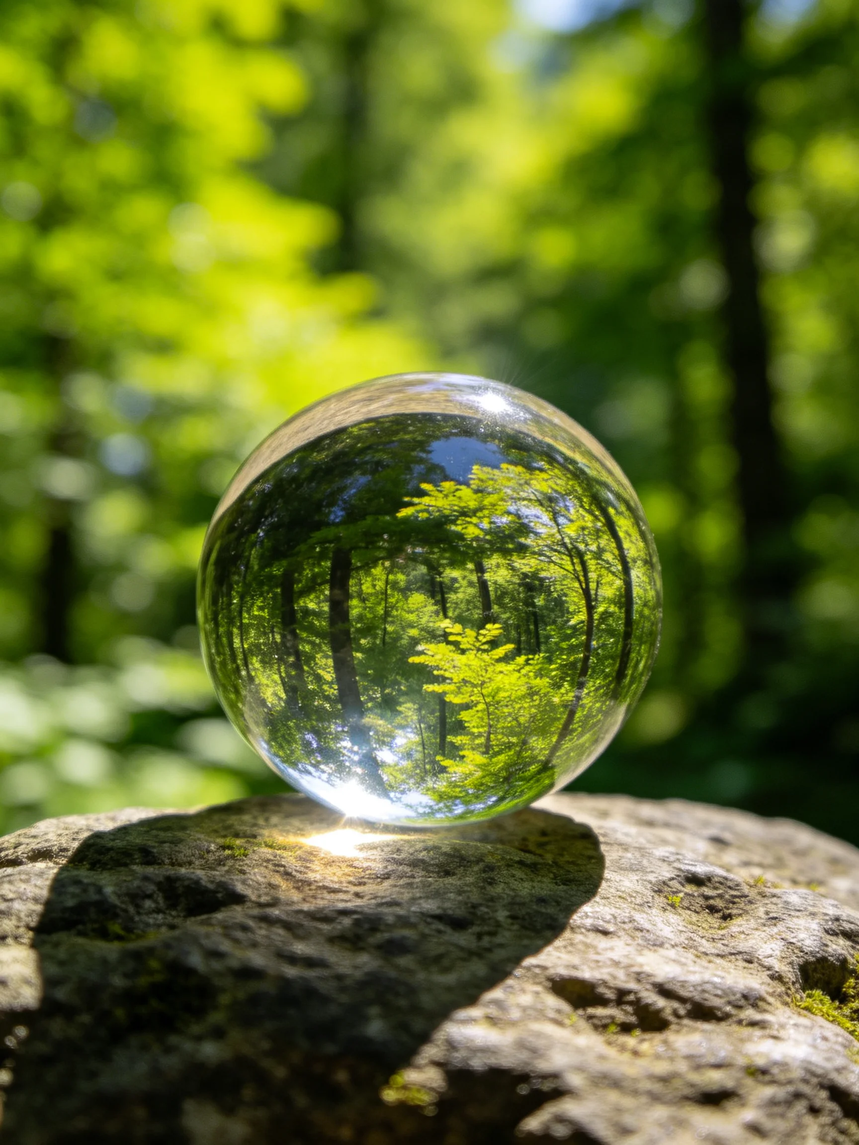 A crystal ball reflects a lush green forest on a mossy rock