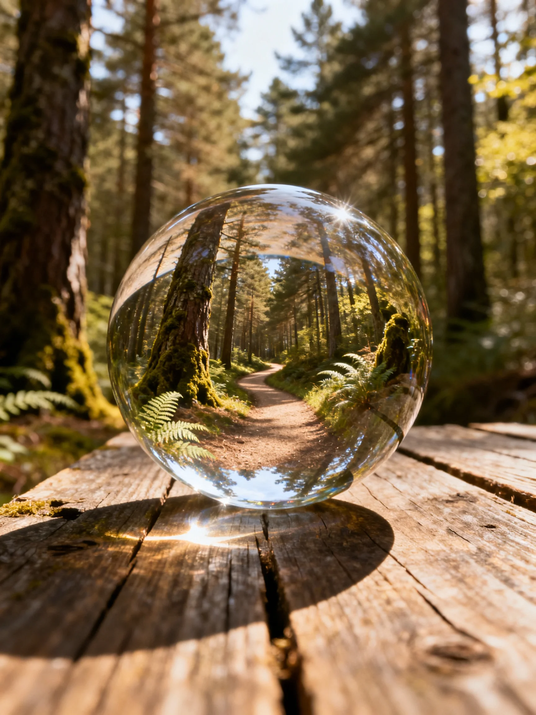 A crystal ball reflects a sunlit forest path among tall trees