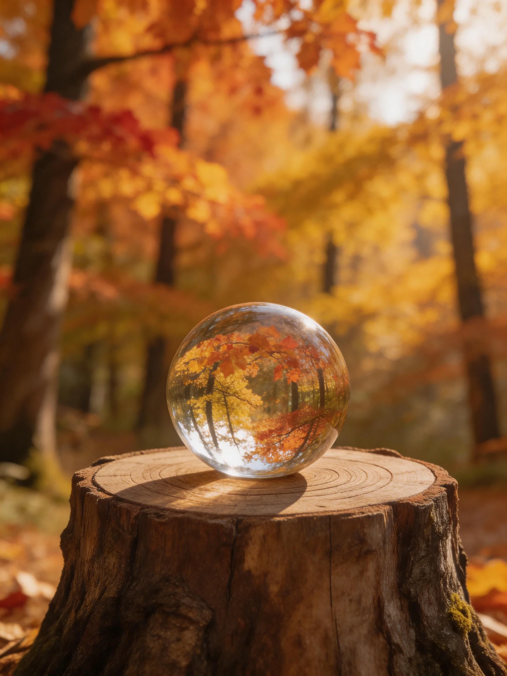 A crystal ball reflects autumn forest colors on a wooden stump