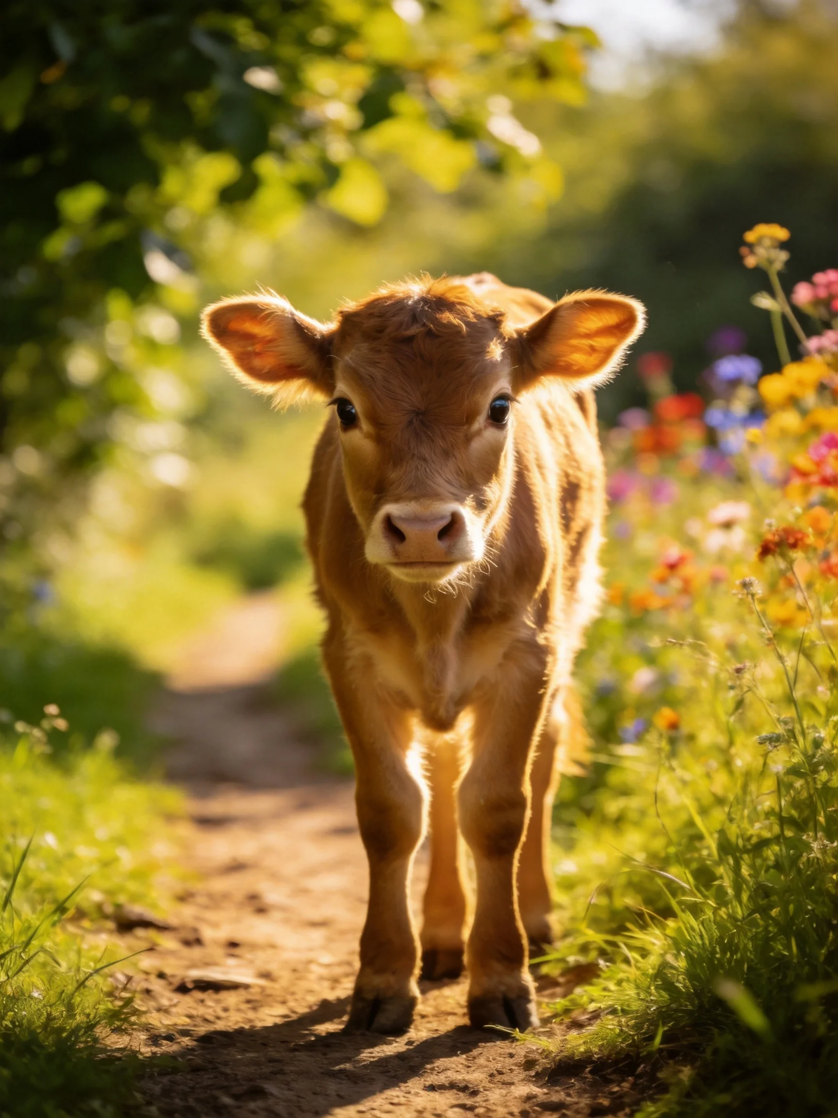A curious brown calf stands on a sunlit dirt path amid vibrant wildflowers