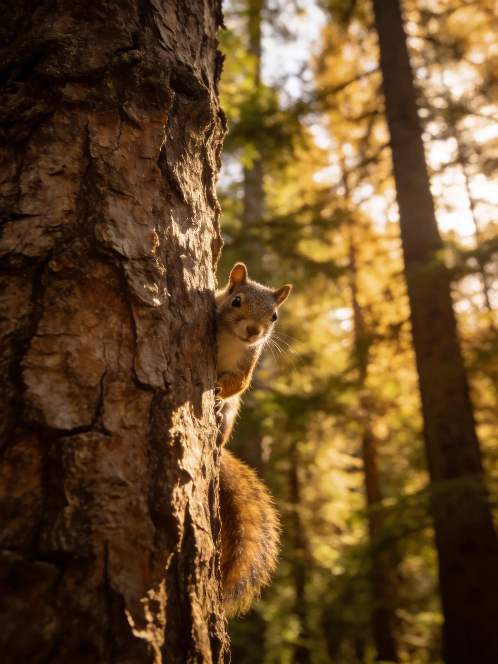 A curious squirrel clings to a textured brown tree trunk in golden sunlight