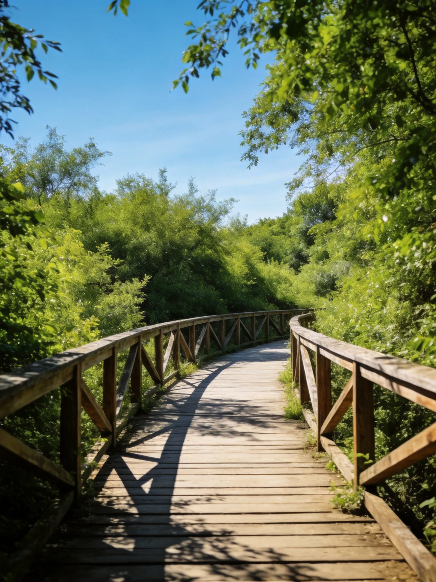 A curved wooden boardwalk with brown railings through lush greenery under clear blue sky