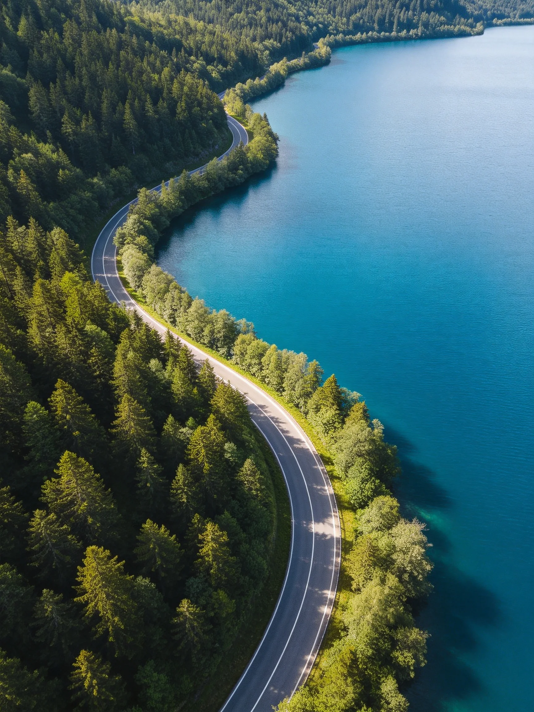 A curving asphalt road borders a vibrant blue lake amid dense green forests.