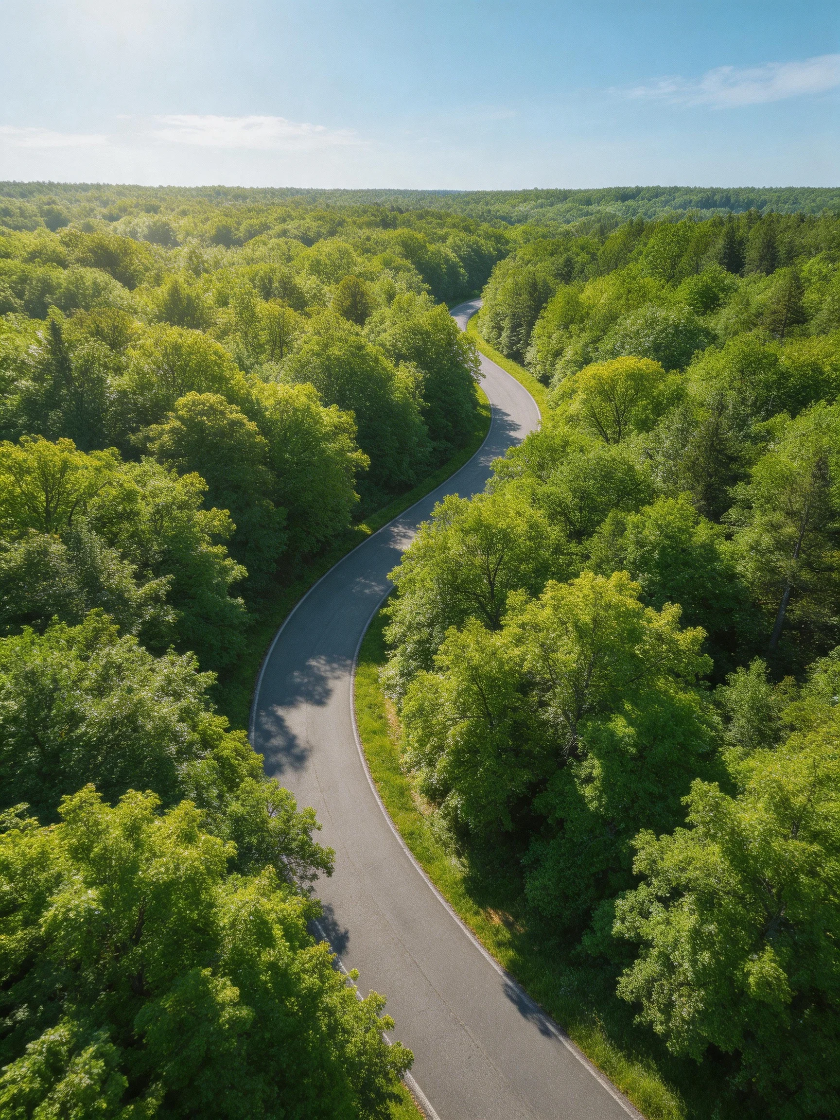 A curving road winds through dense green forests under sunny skies