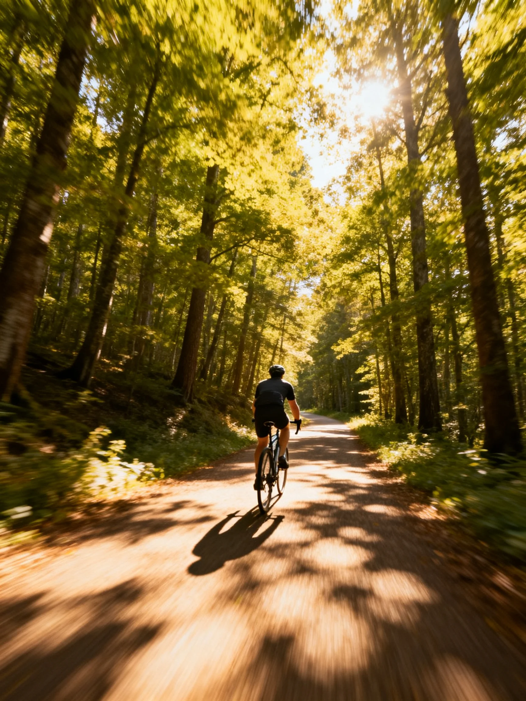A cyclist rides a sun-dappled forest dirt path