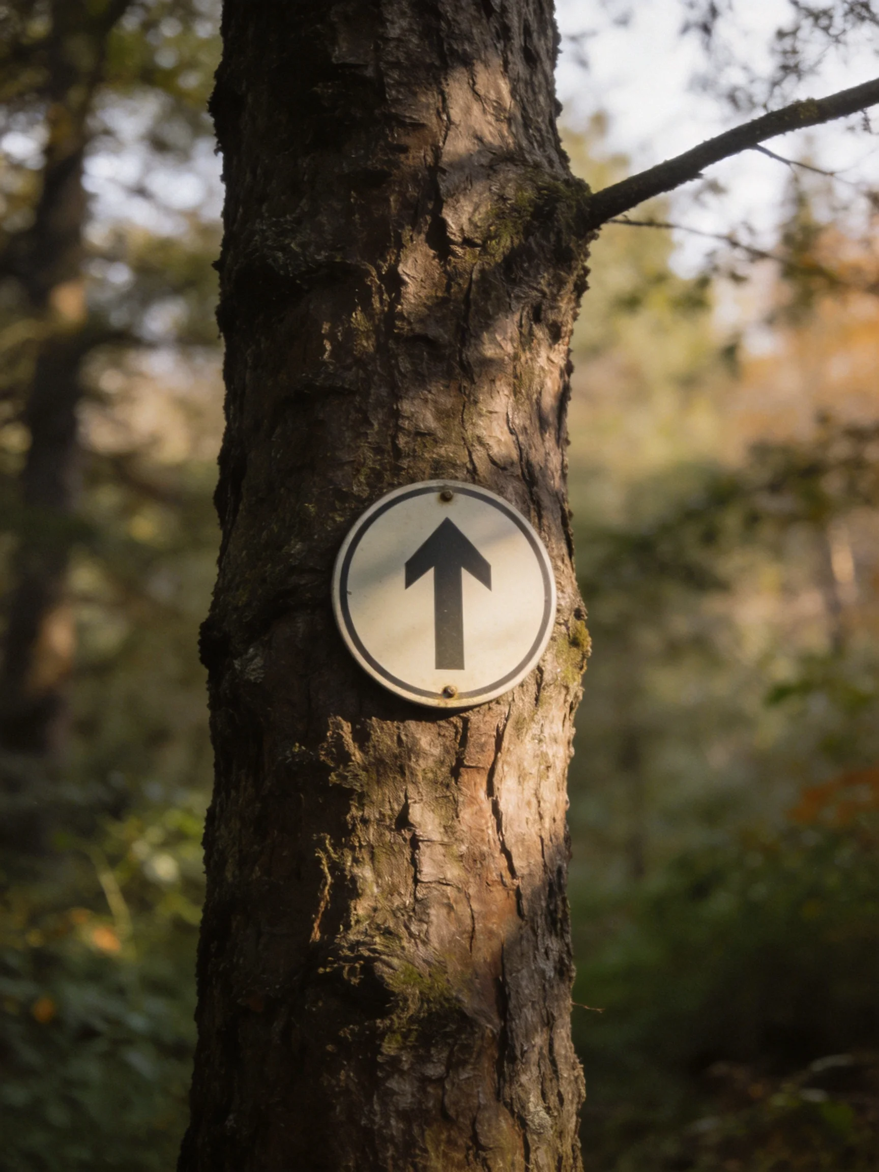 A dark-barked tree trunk with a circular directional sign in a sunlit forest