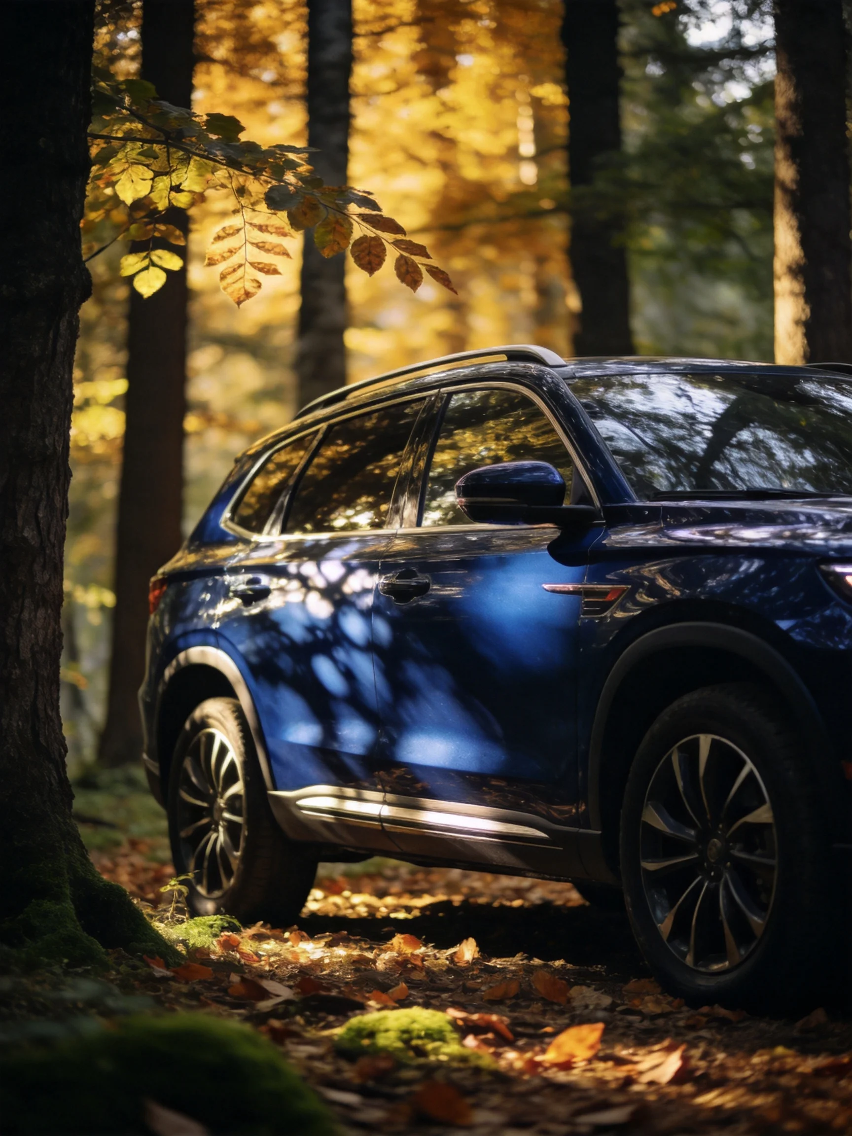 A deep blue SUV parked in a golden autumn forest