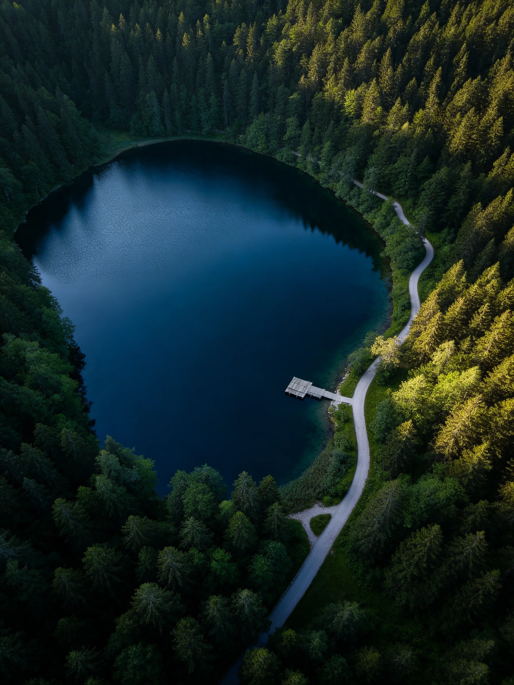 A deep blue lake surrounded by dense evergreen forests
