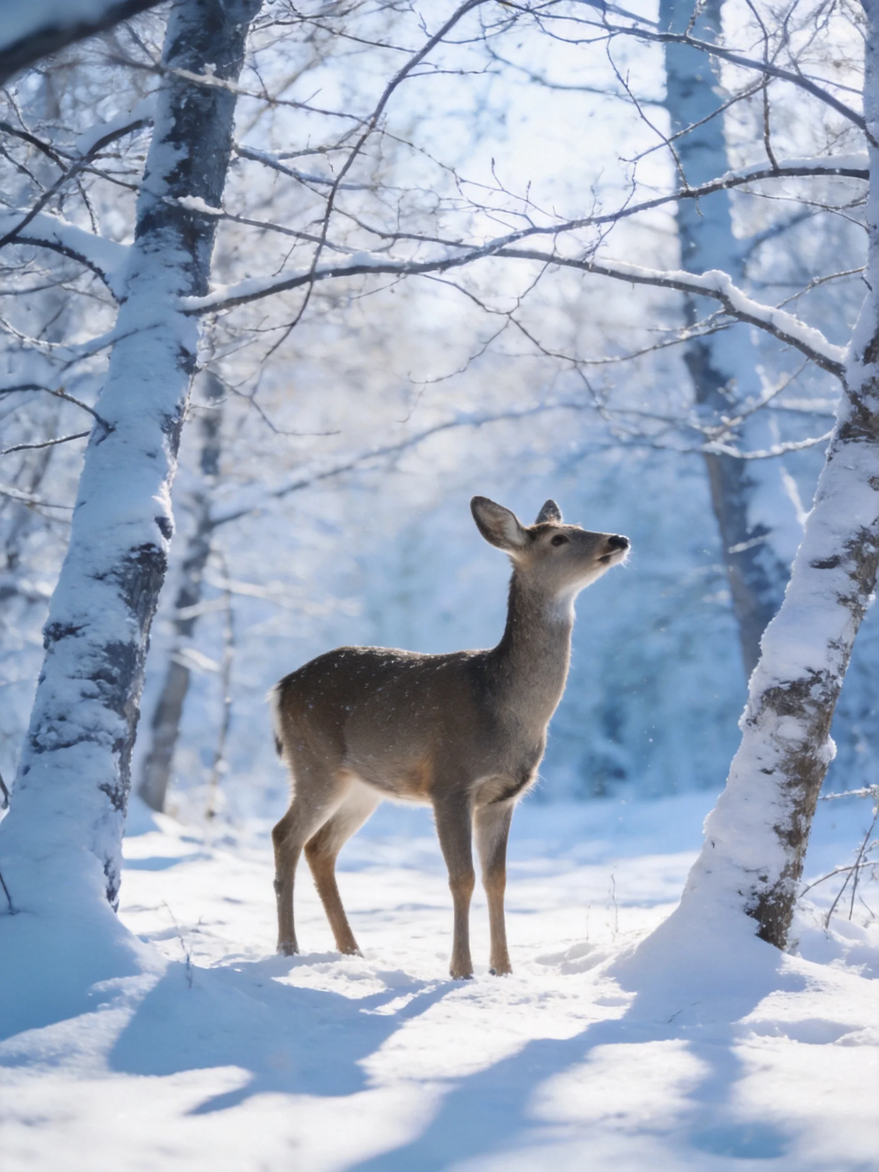A deer stands among snow-laden trees in a bright winter forest