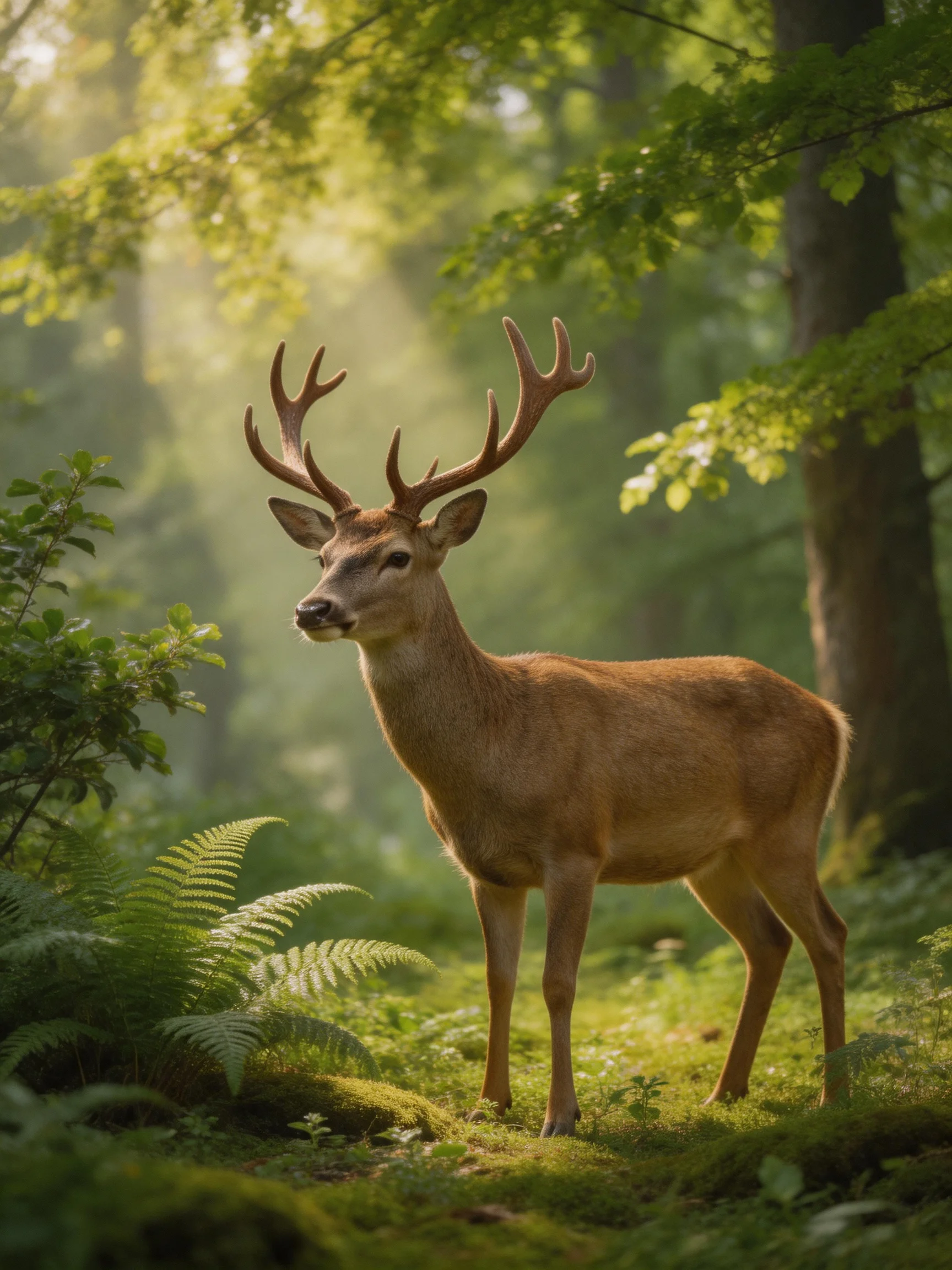 A deer with large antlers in a sun-dappled forest glade