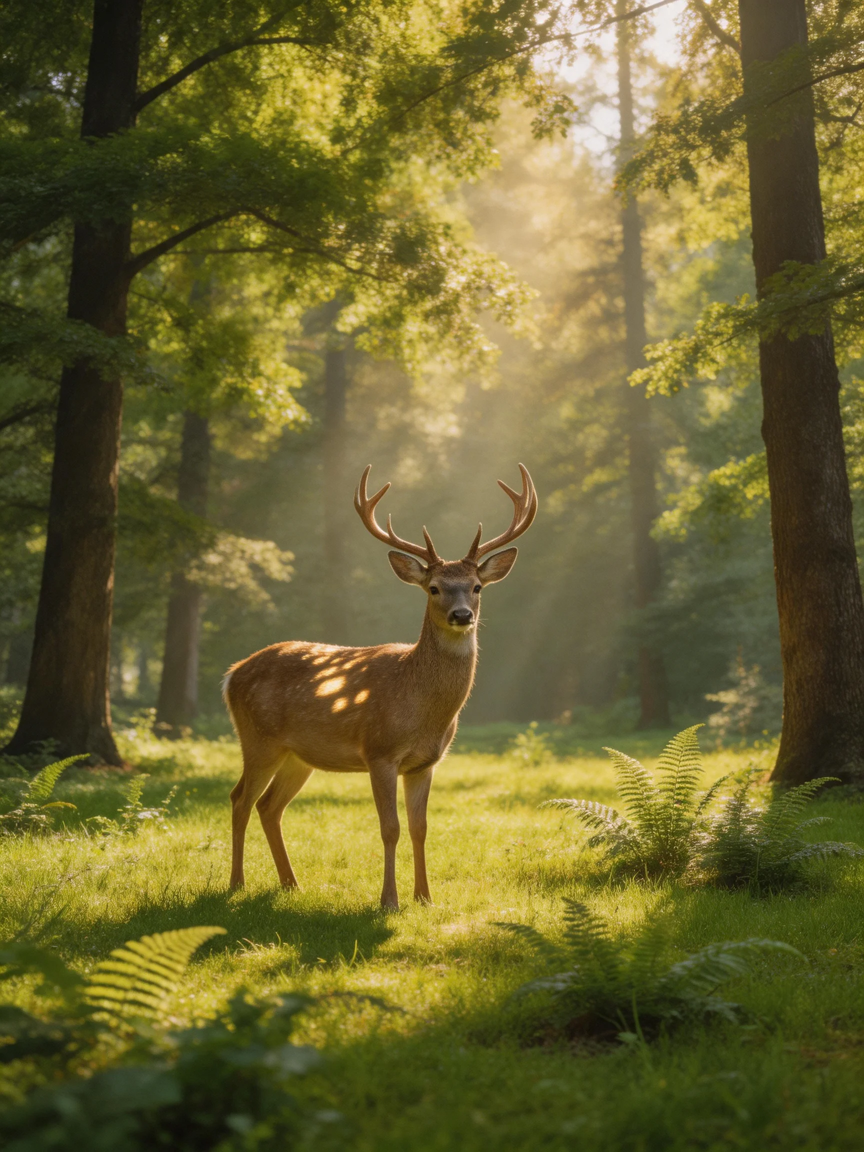 A deer with large antlers in a sunlit forest clearing