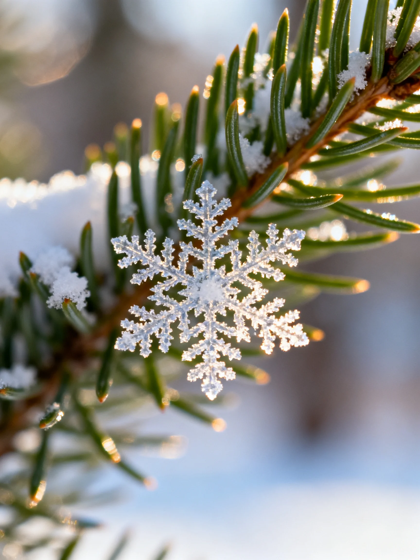 A delicate snowflake adorns a frost-covered evergreen branch