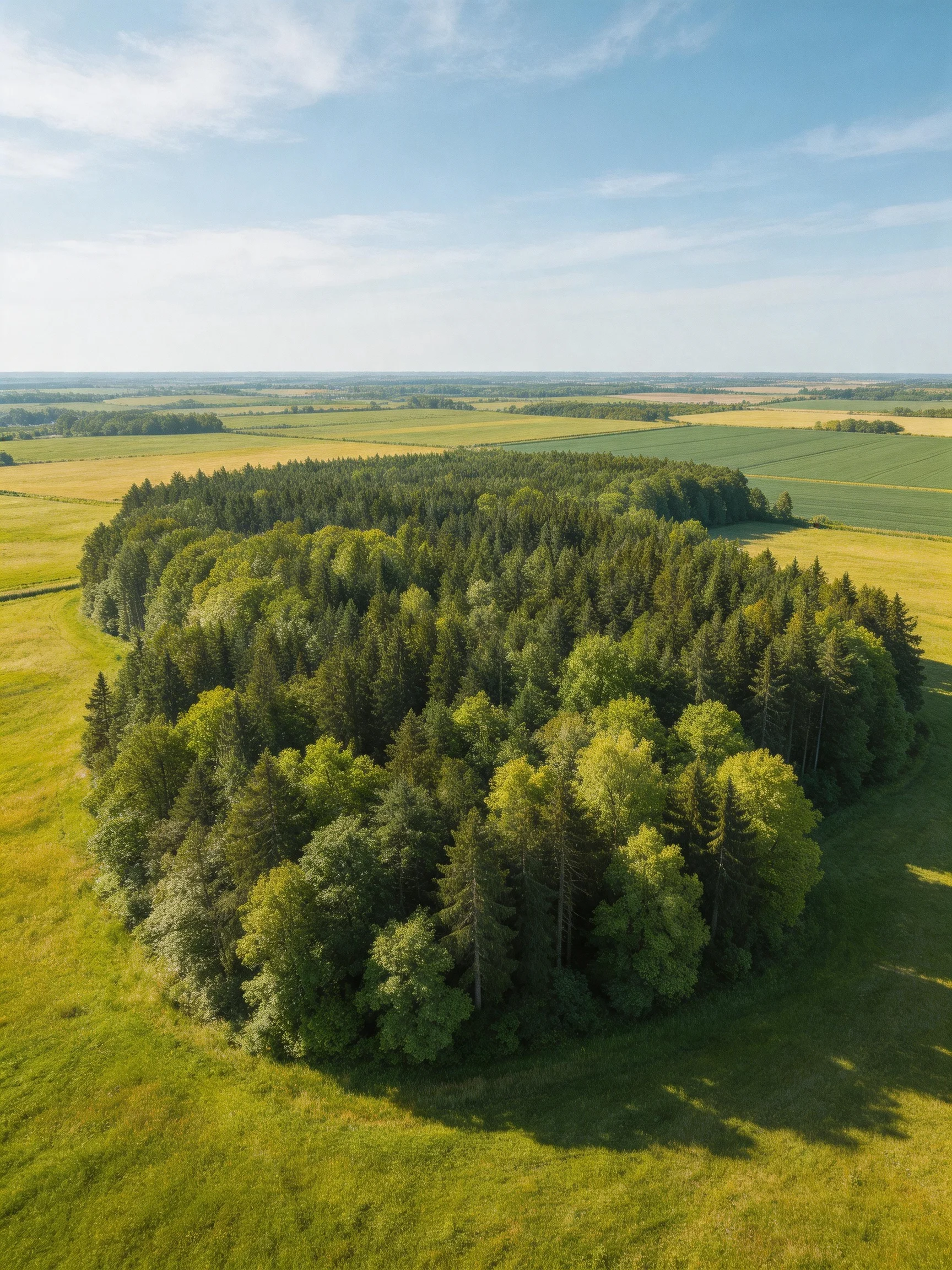 A dense forest surrounded by vast green and golden fields