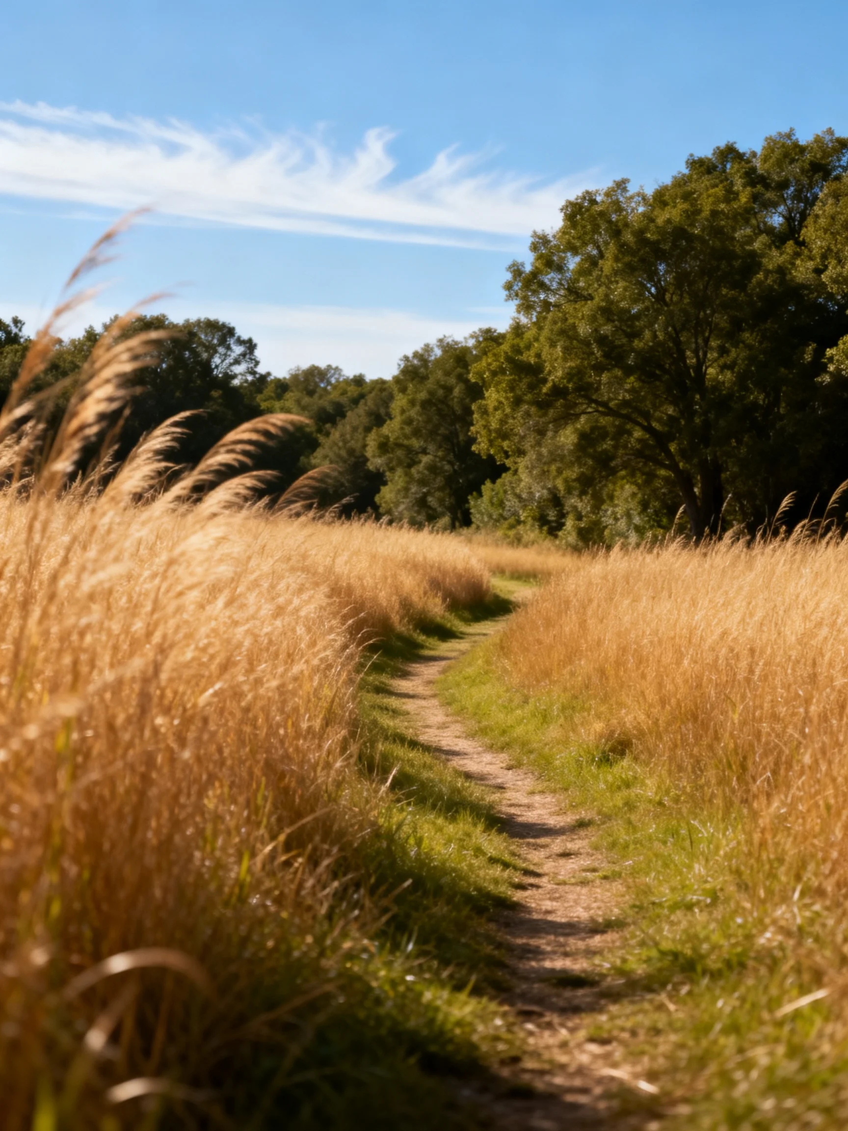 A dirt path winds through golden grasslands beside lush trees under a bright blue sky