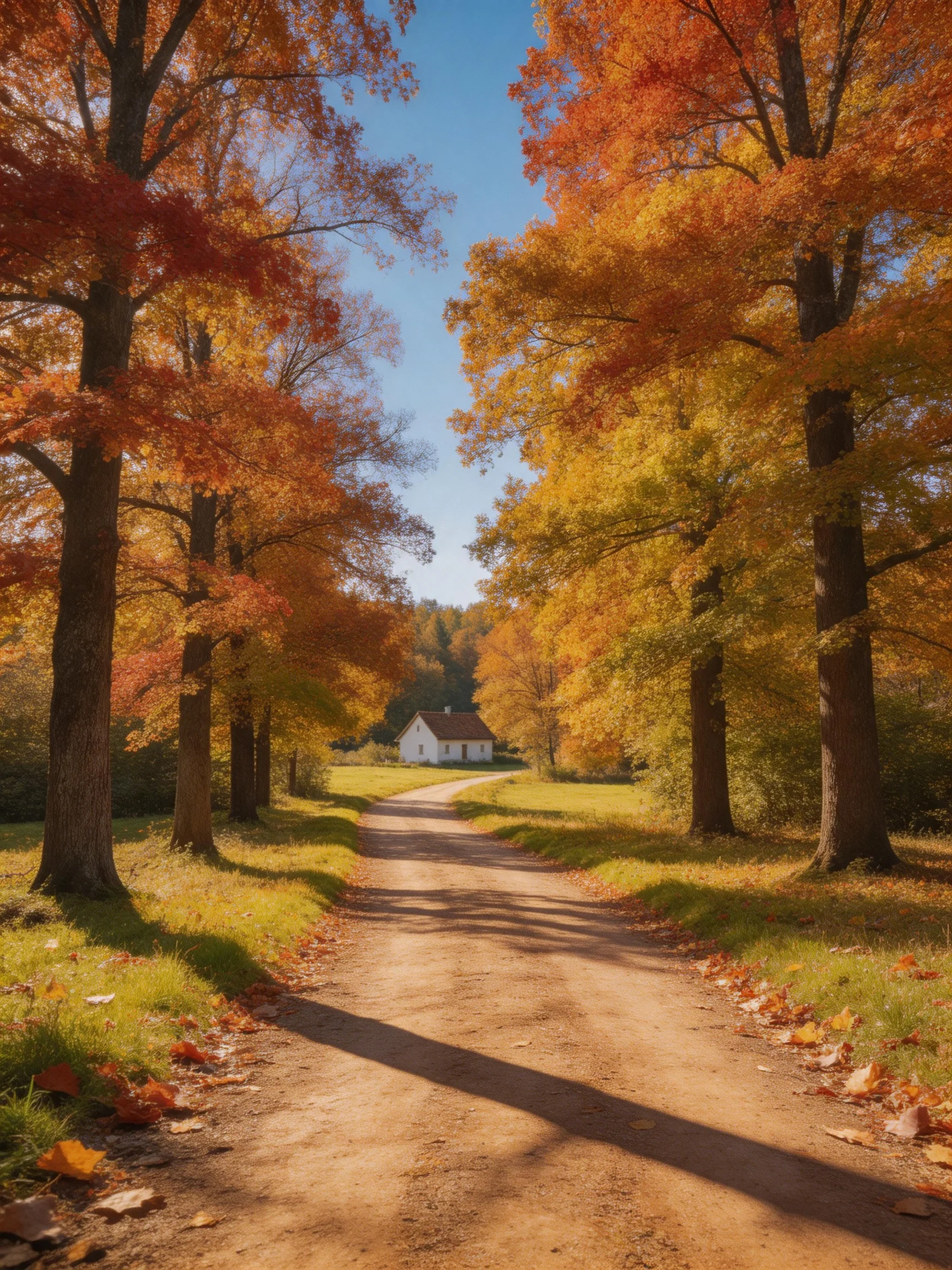 A dirt road flanked by colorful autumn trees leads toward a white house