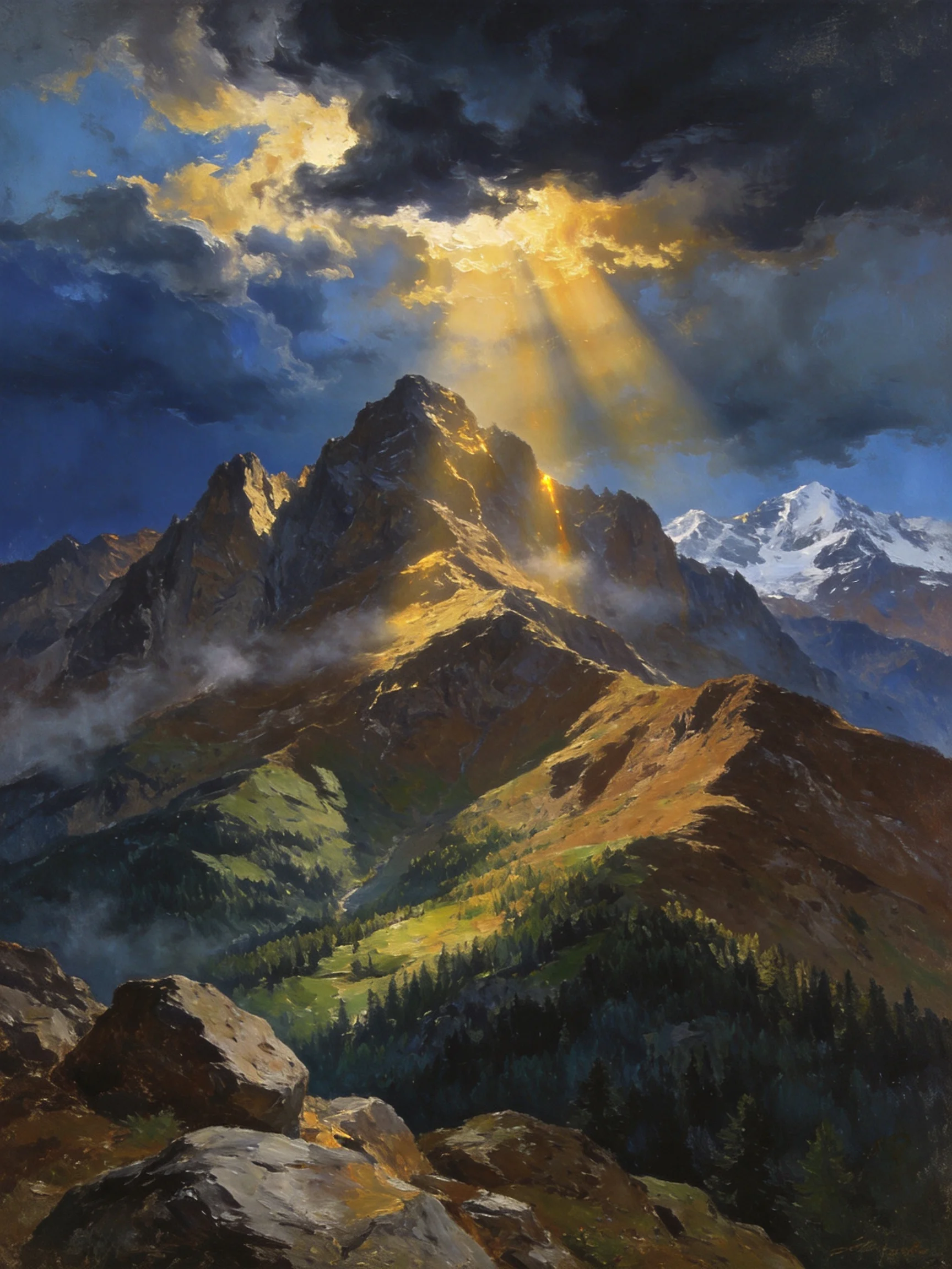 A dramatic mountain landscape with golden sunlight breaking through stormy clouds