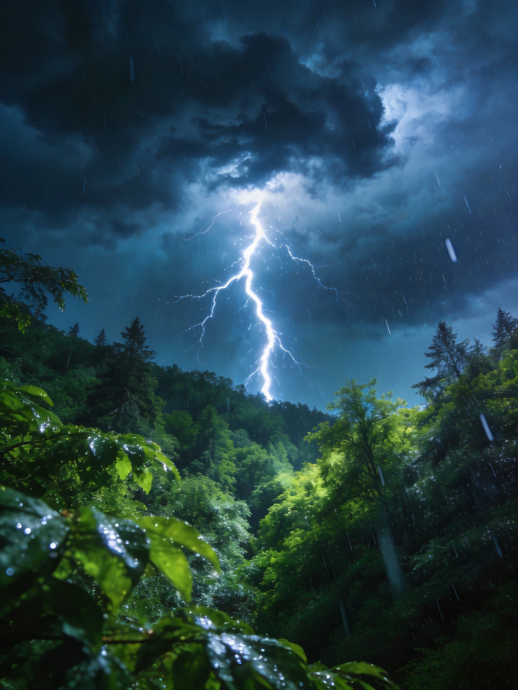 A dramatic thunderstorm illuminates a lush forest with heavy rain
