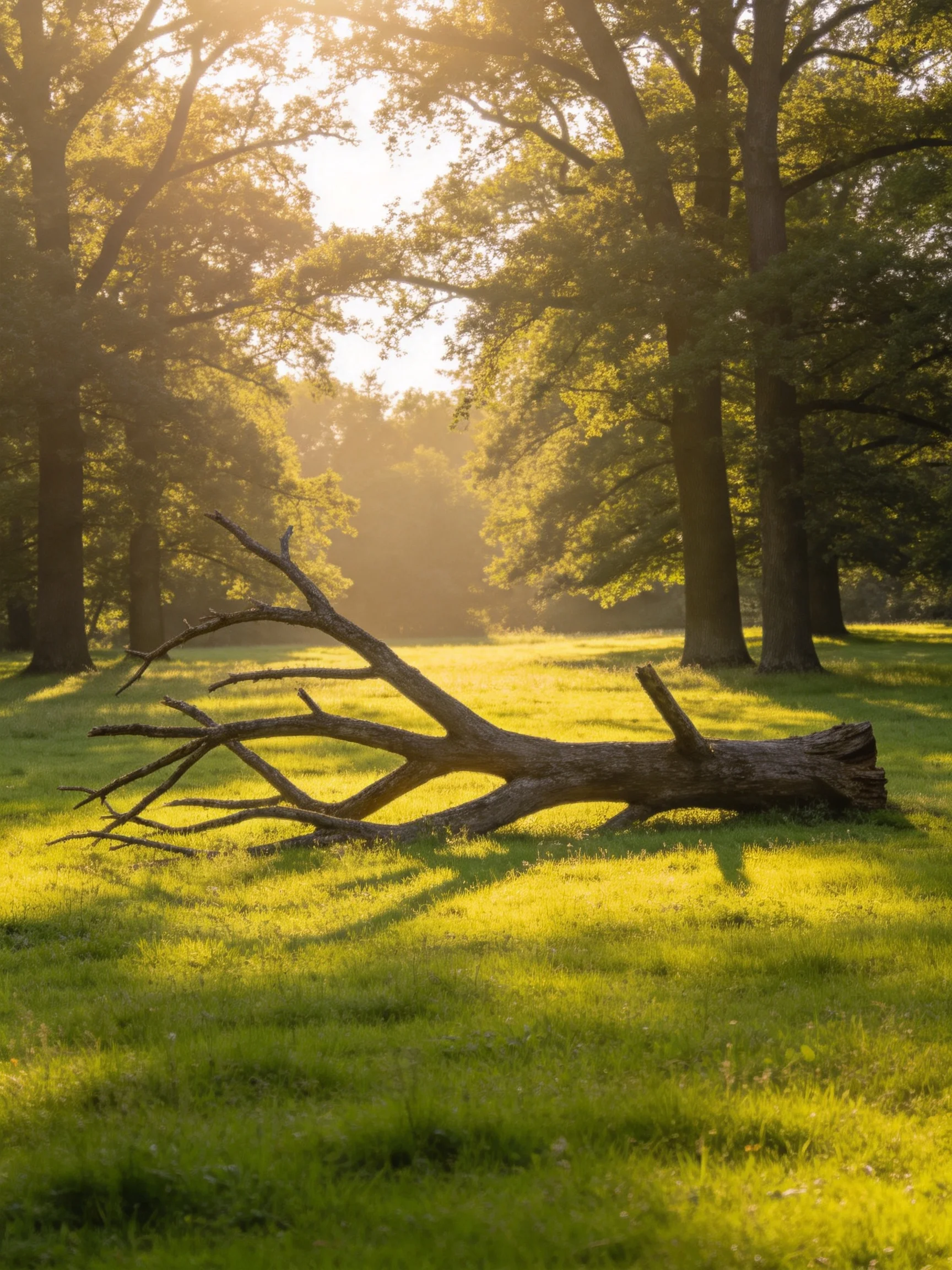 A fallen tree trunk lies in a sunlit forest clearing