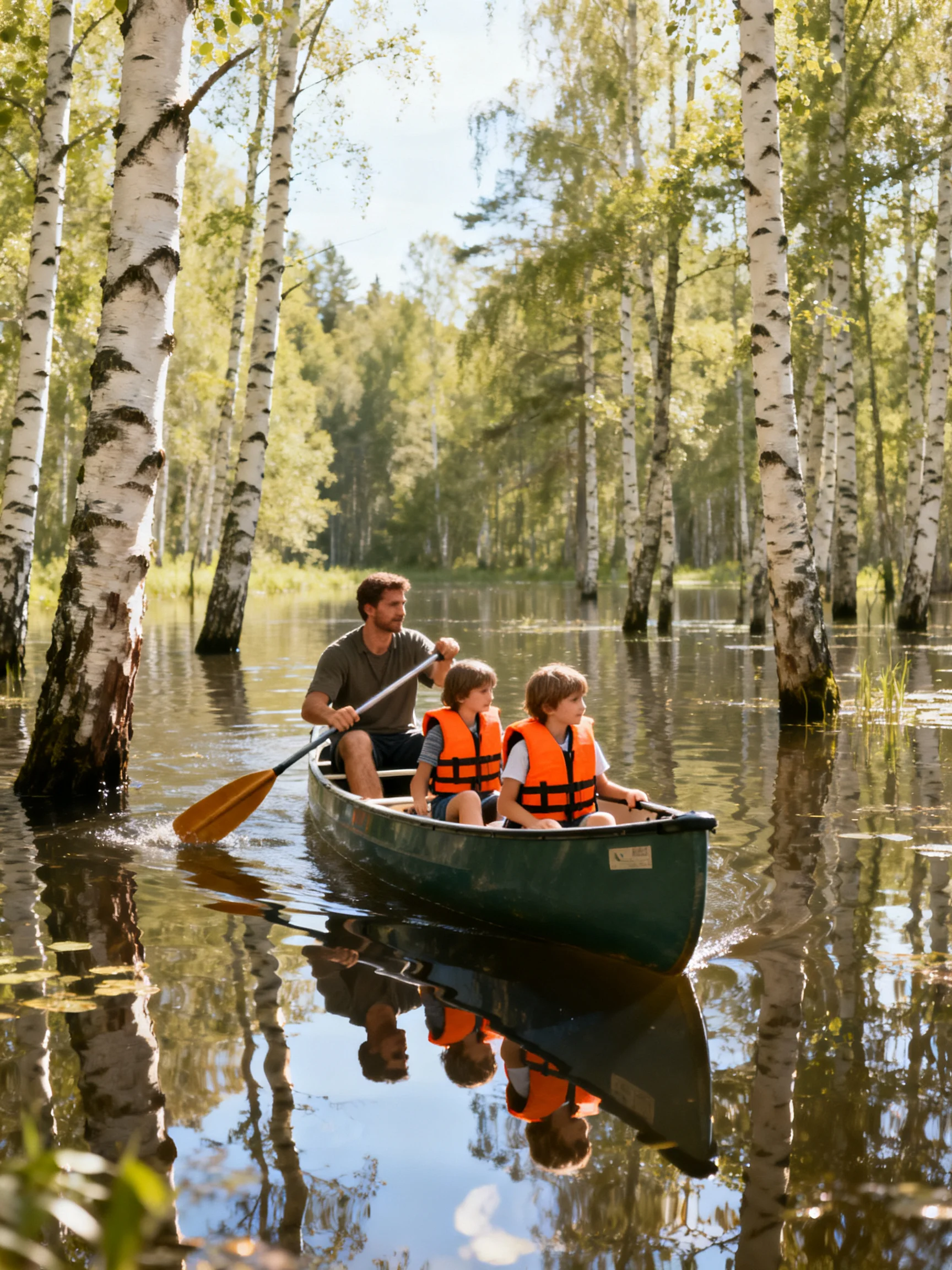 A family paddles a green canoe through calm waters among white-barked trees