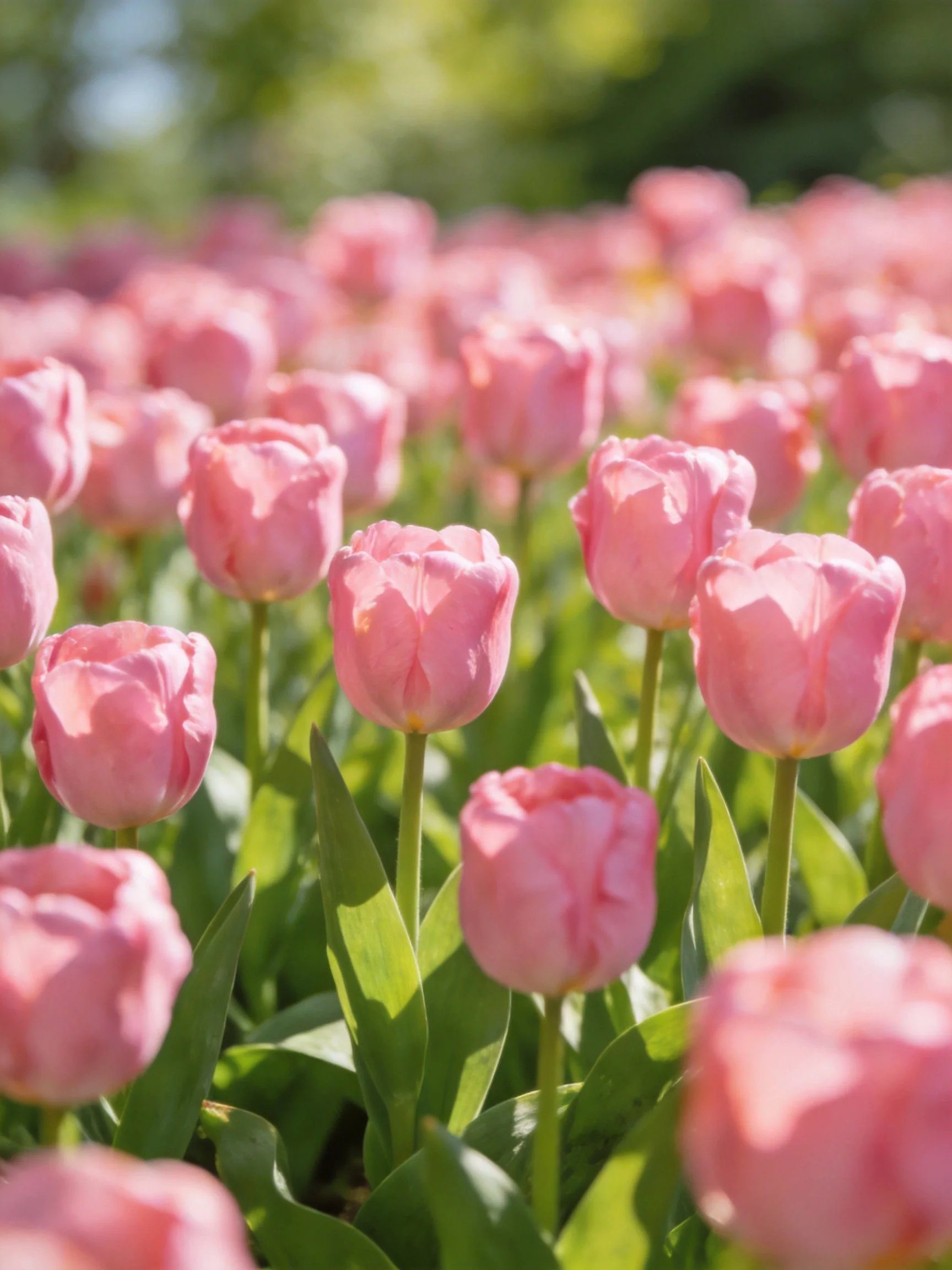 A field of numerous pink tulips with vibrant green foliage