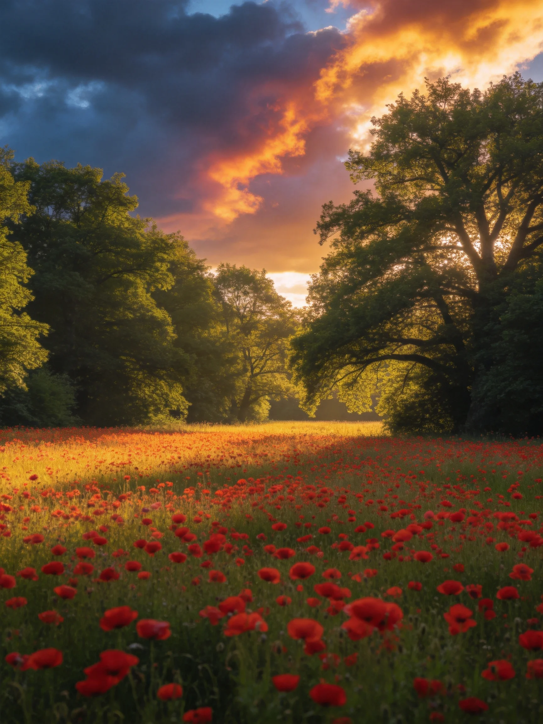 A field of vibrant red poppies beneath a dramatic sunset sky