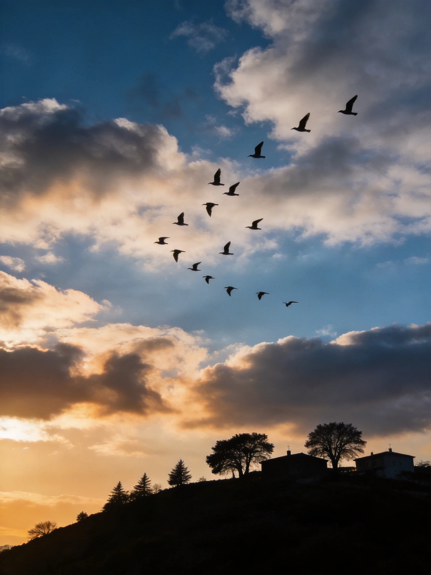 A flock of birds soars against a vibrant sunset sky with silhouetted homes