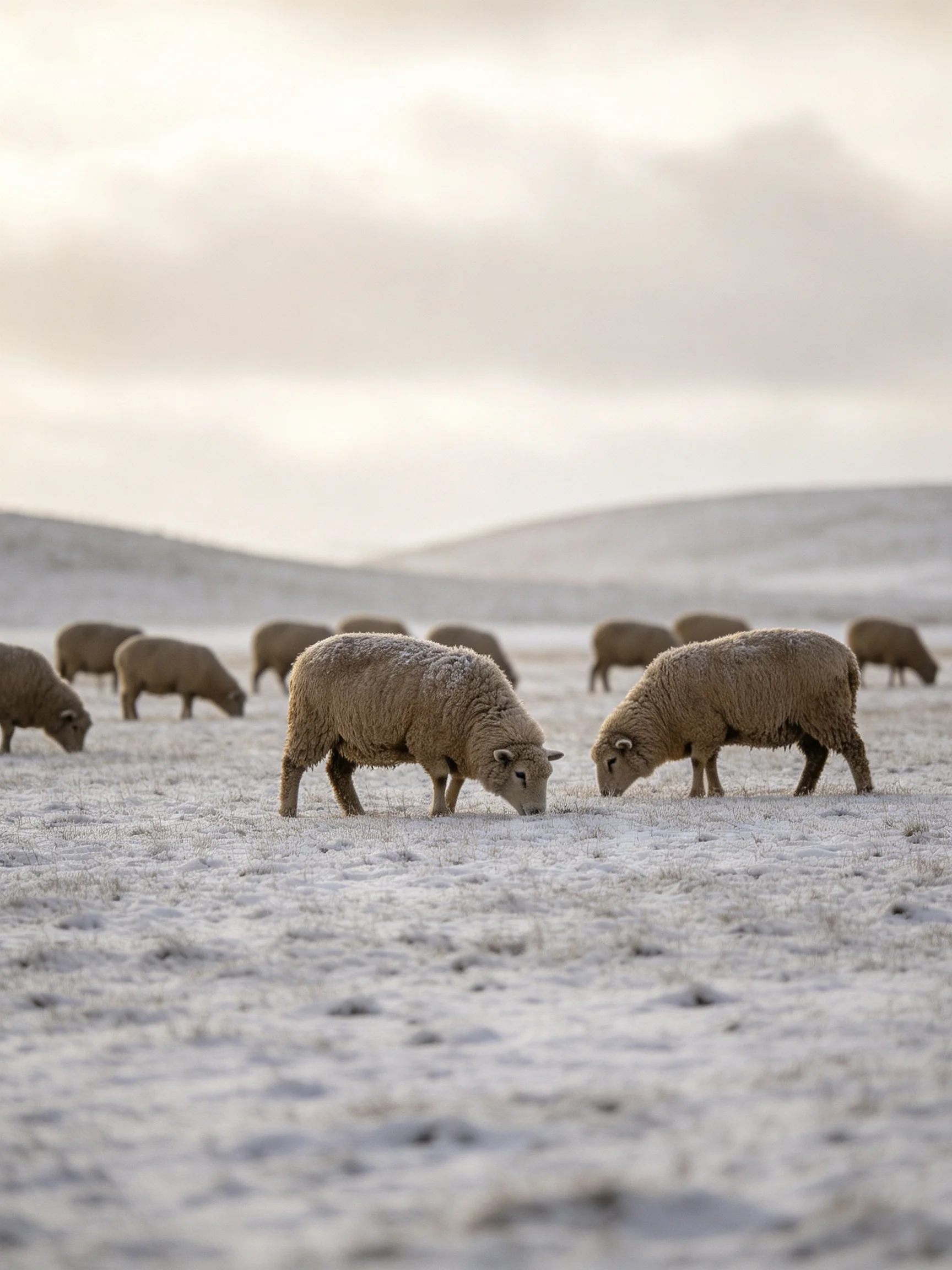 A flock of brown sheep grazing in a frosty open field