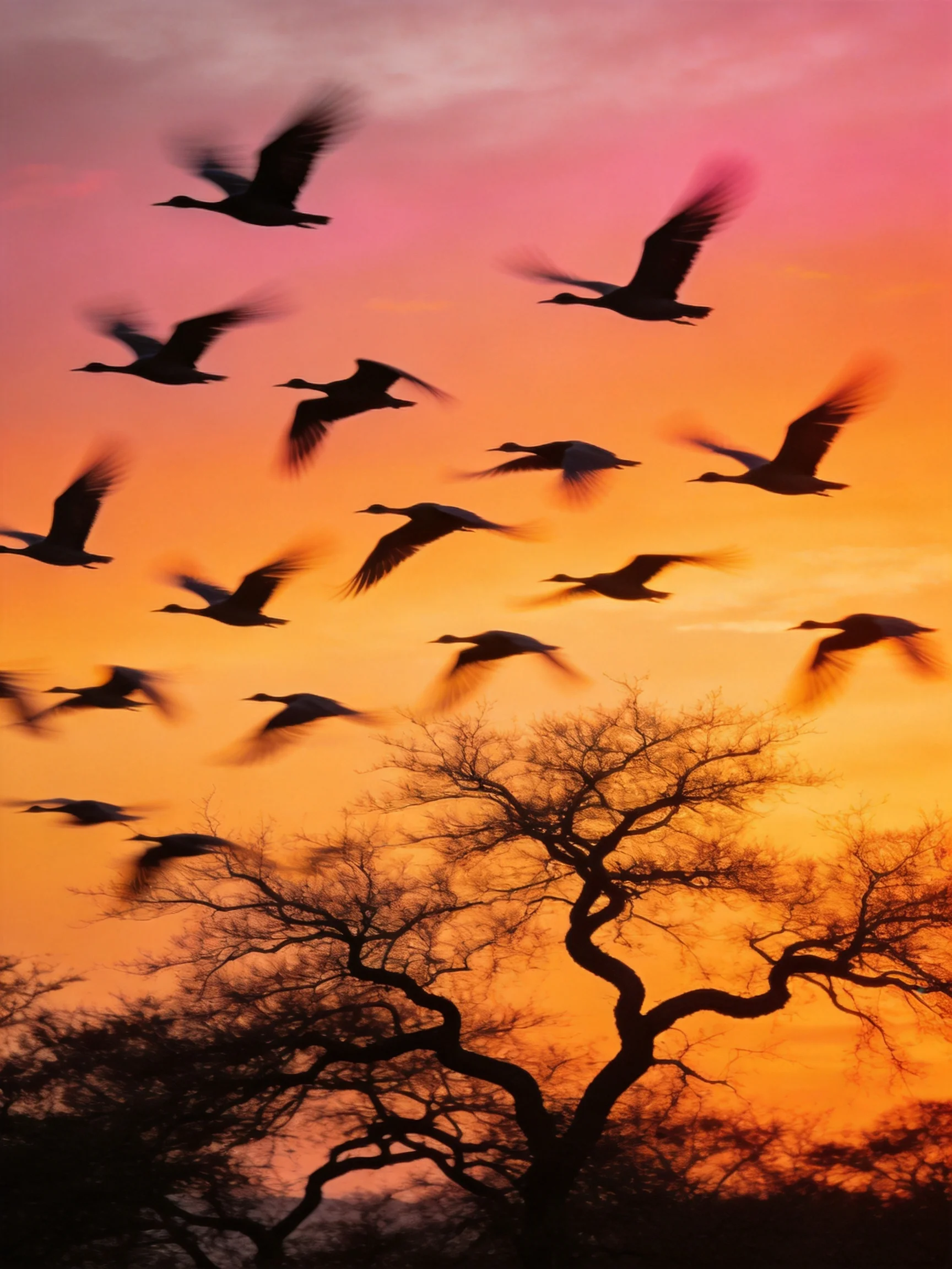 A flock of twenty-five birds flies past silhouetted trees under a vibrant sunset sky