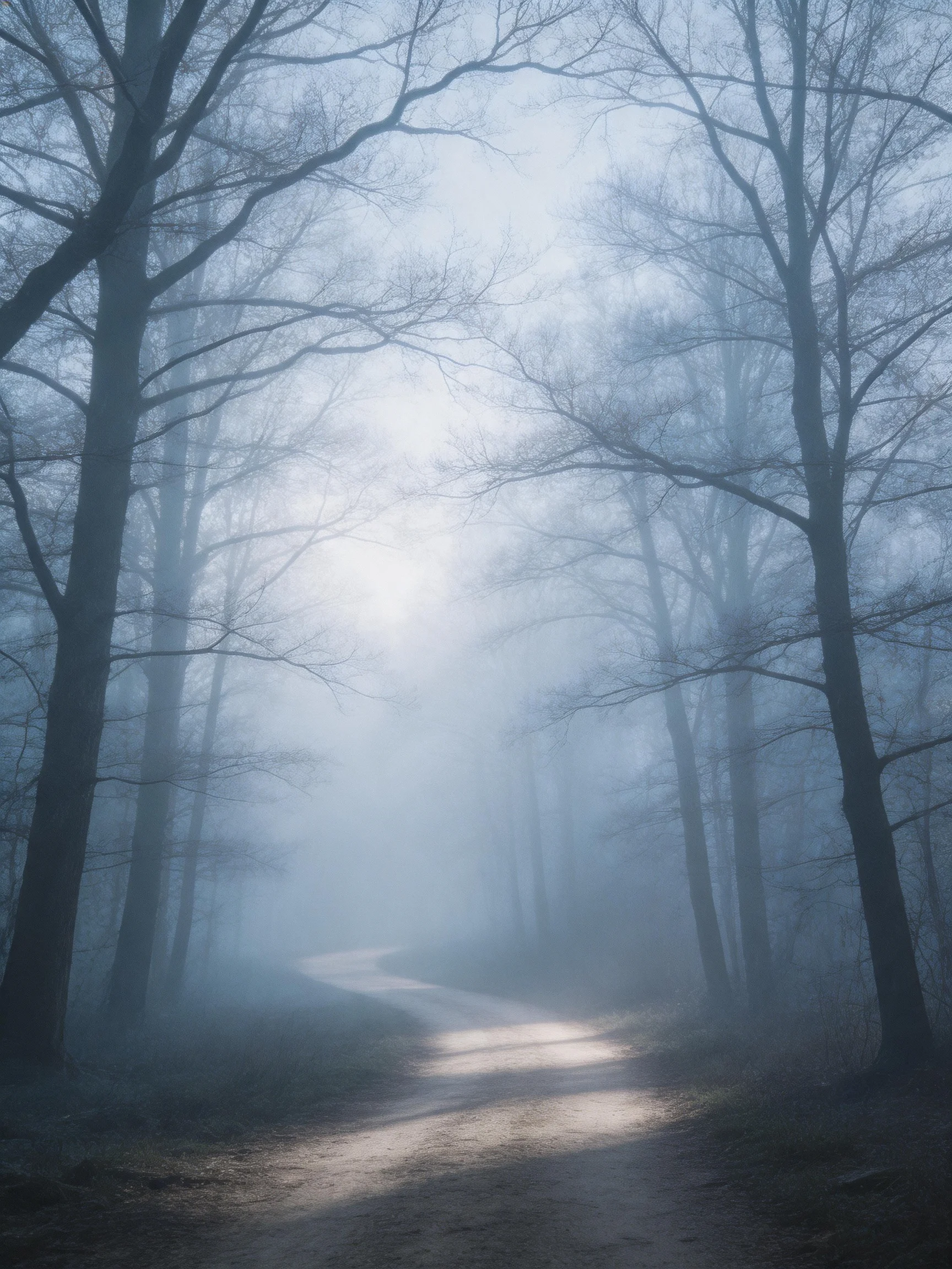 A foggy forest path flanked by tall leafless trees
