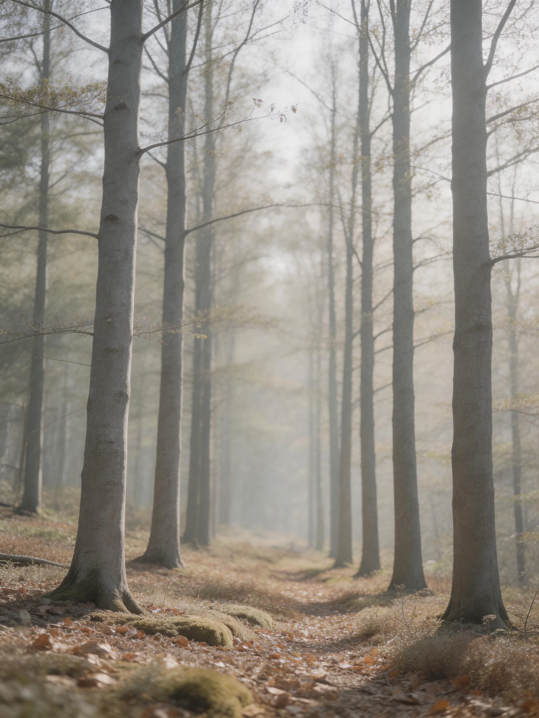 A foggy forest path flanked by tall trees amid scattered foliage