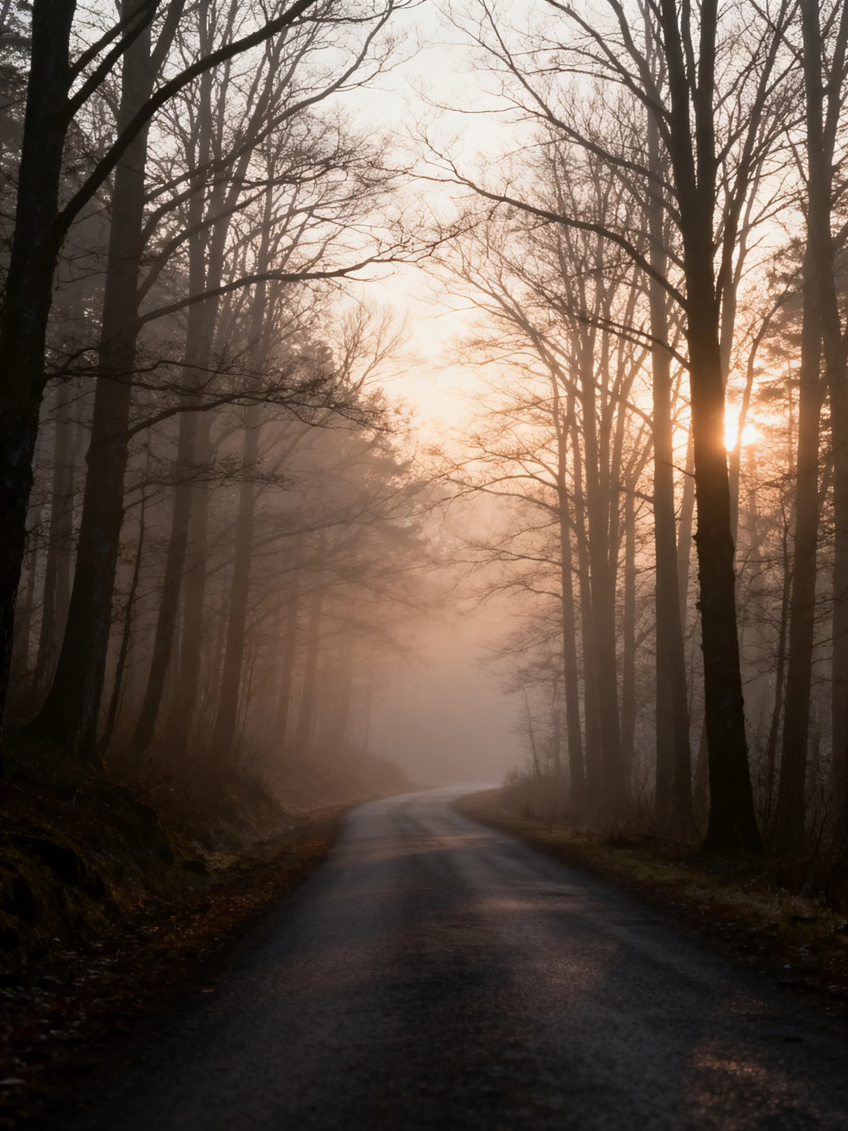 A foggy forest road surrounded by tall bare trees at dawn