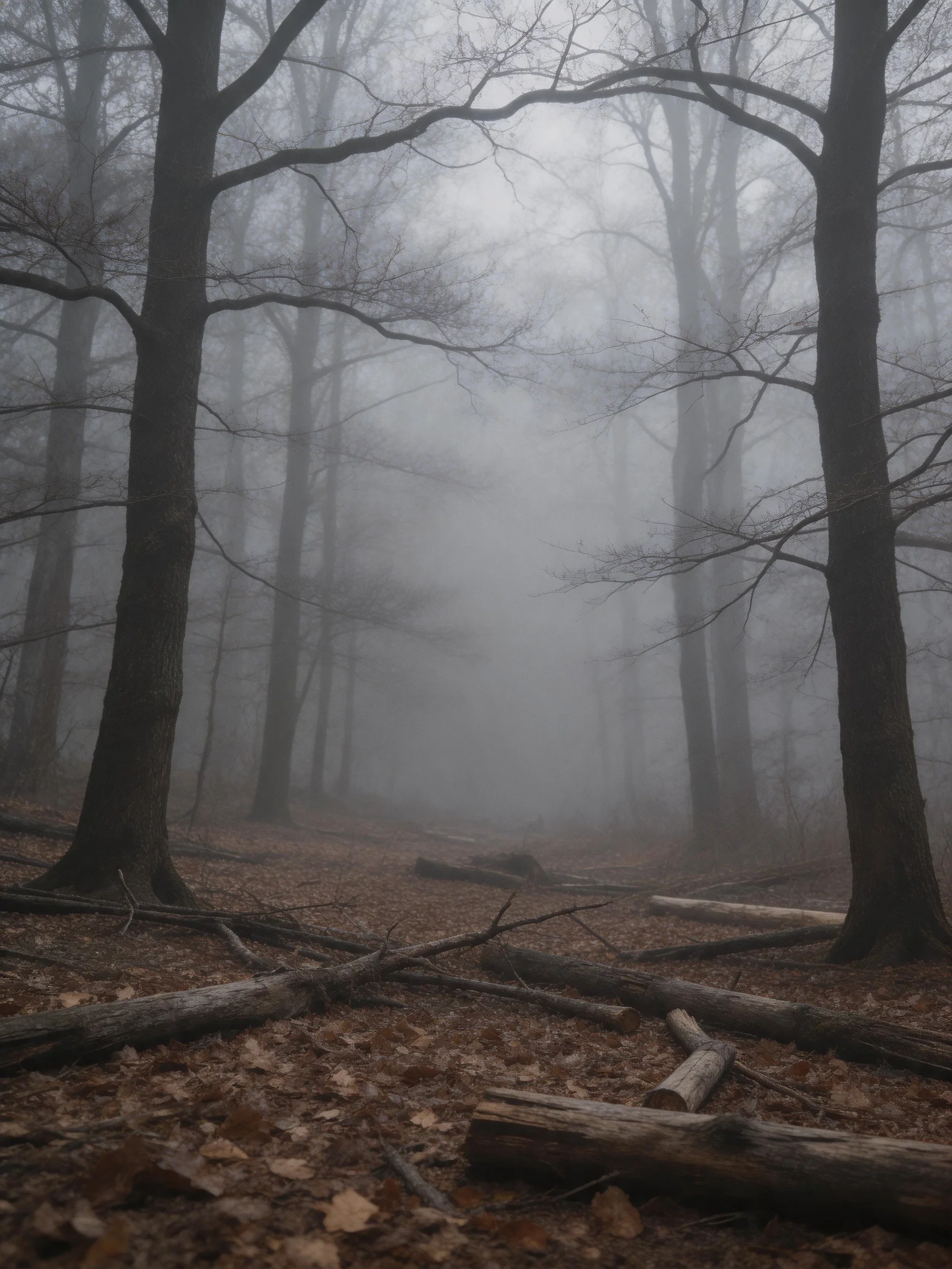 A foggy forest with tall bare trees and scattered fallen logs