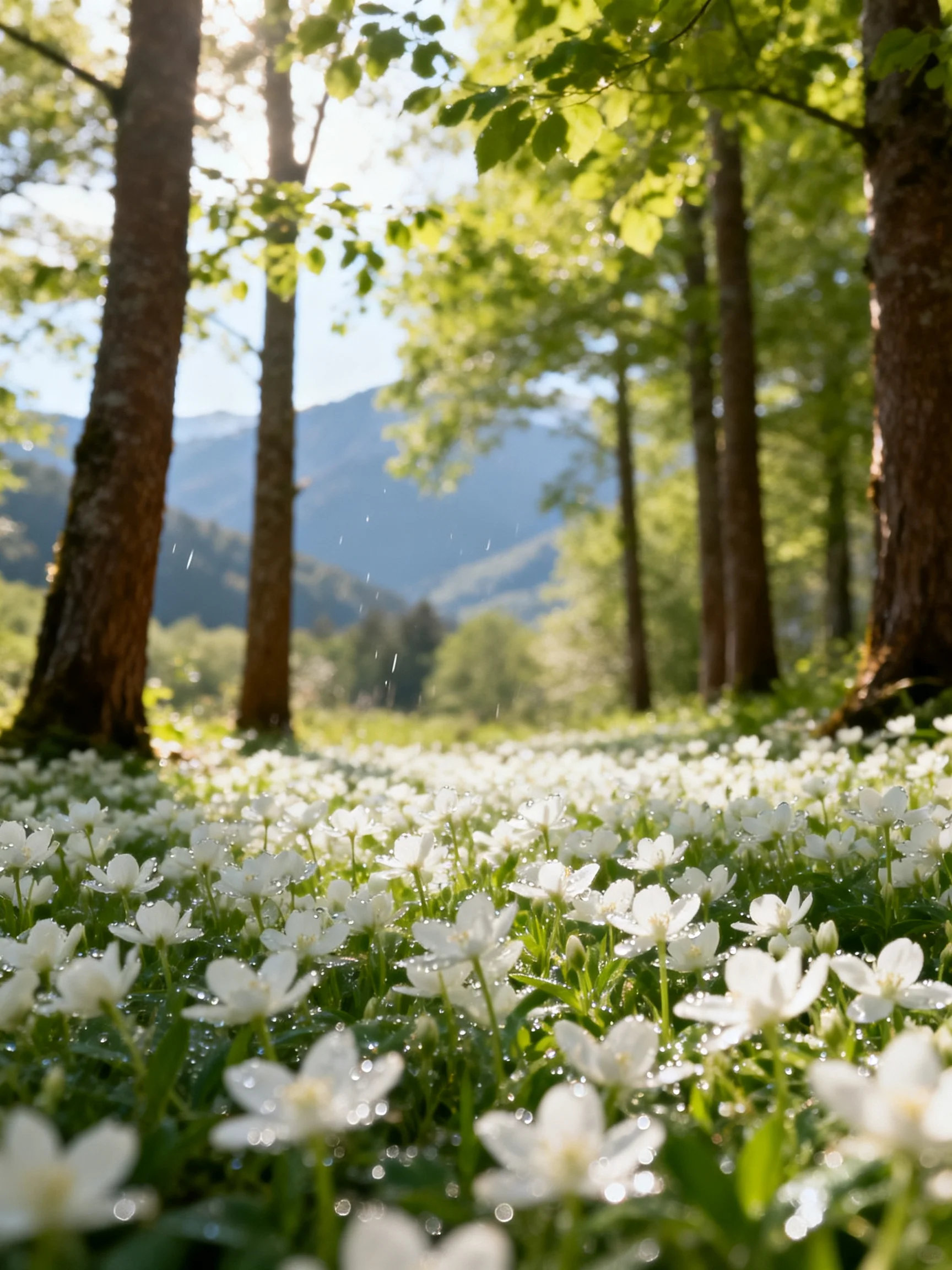 A forest clearing with white wildflowers beneath tall trees