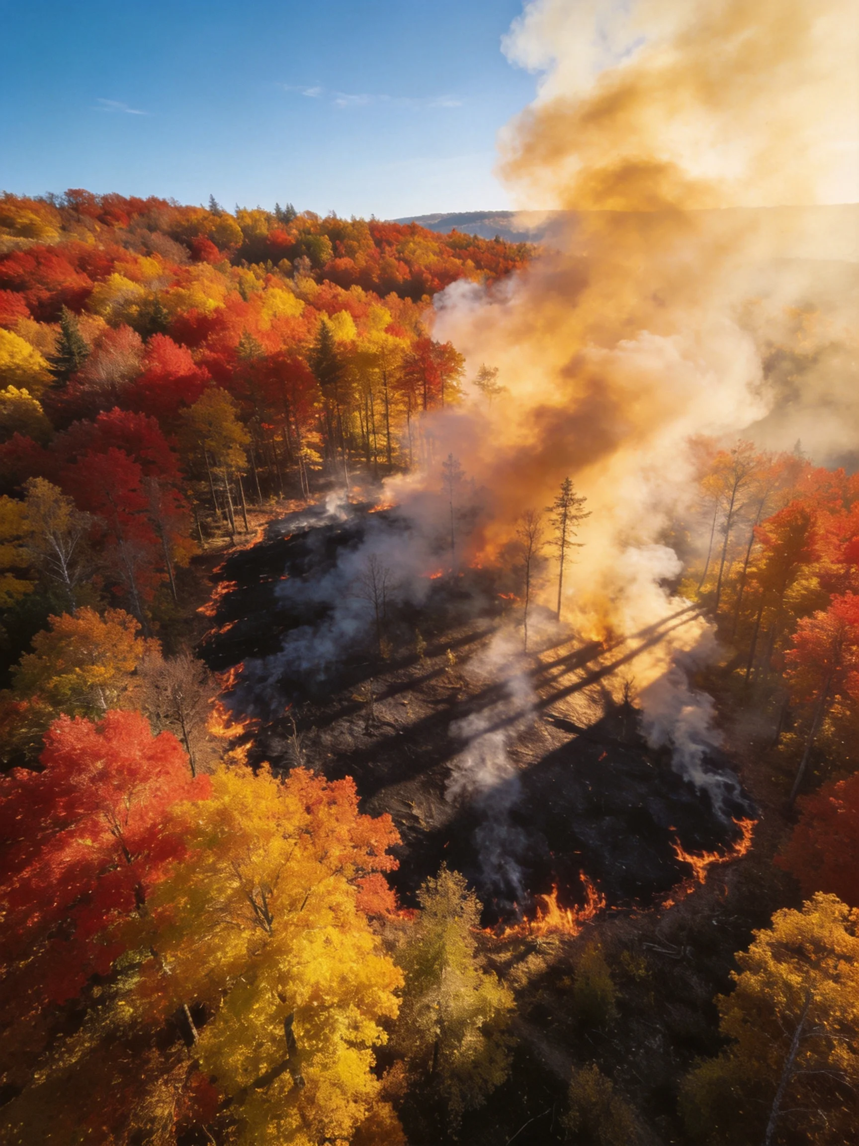 A forest fire burns amid vibrant fall foliage