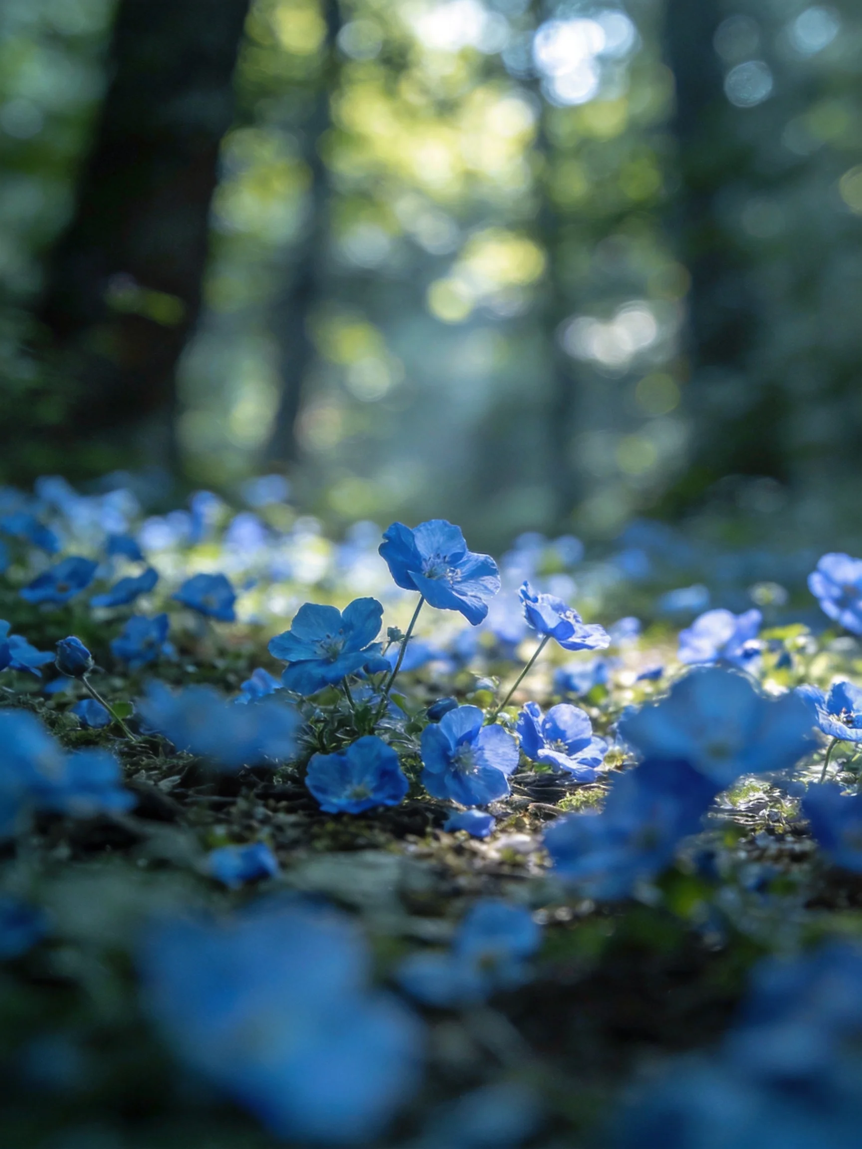 A forest floor blanketed by numerous small blue flowers under diffused sunlight