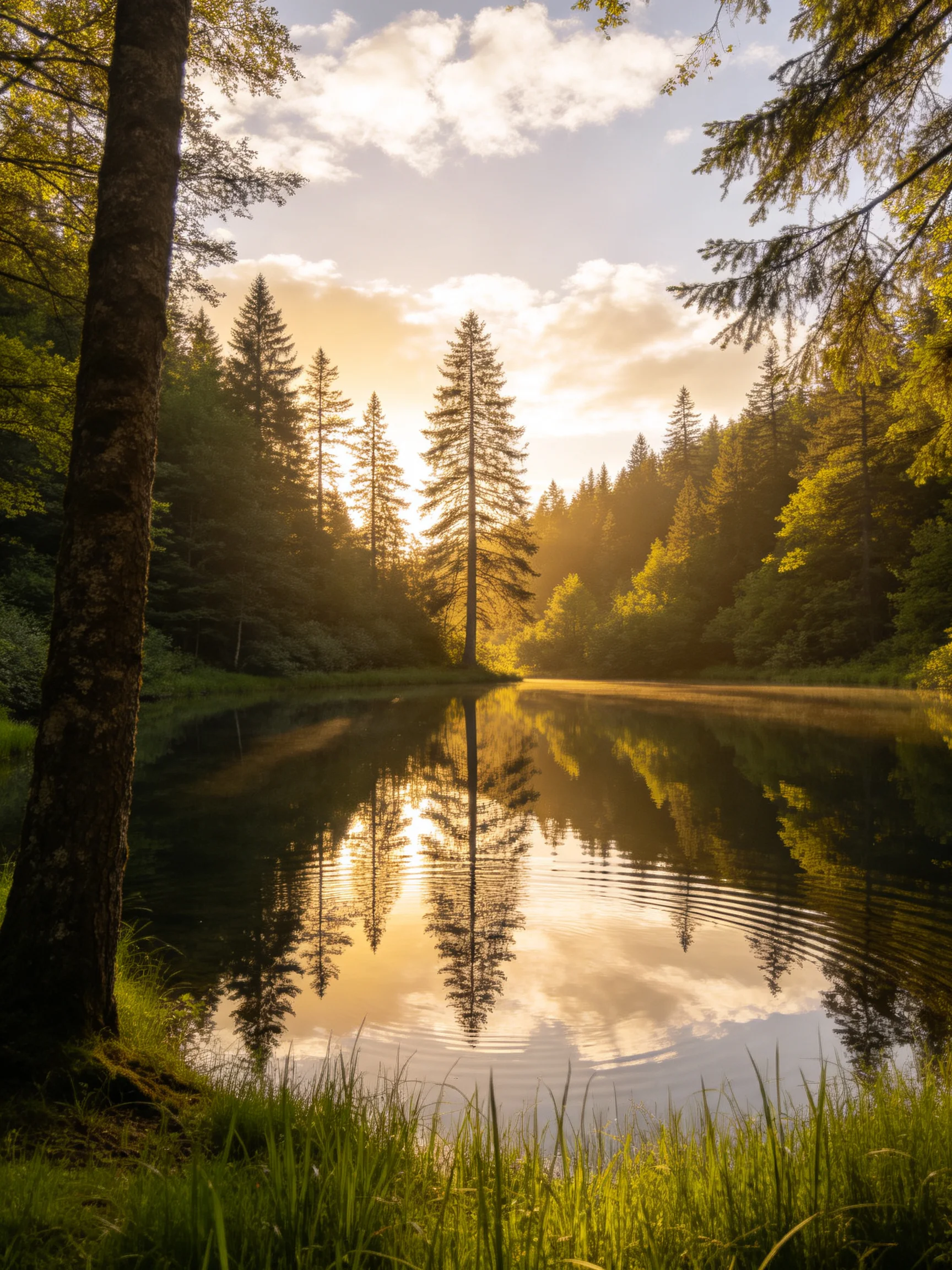 A forest lake reflects golden sunlight among tall evergreen trees