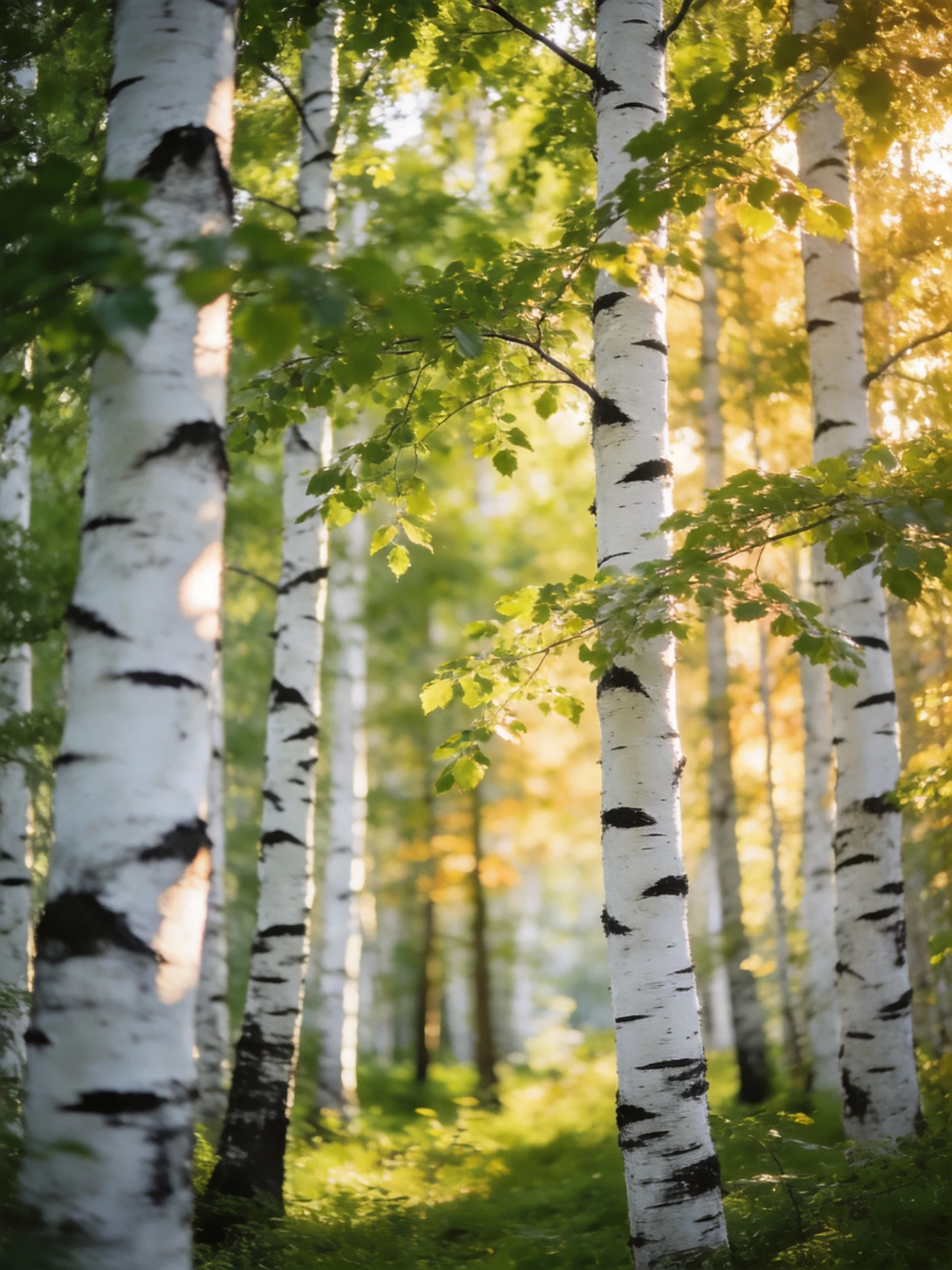 A forest of tall birch trees with white trunks and green foliage under golden sunlight